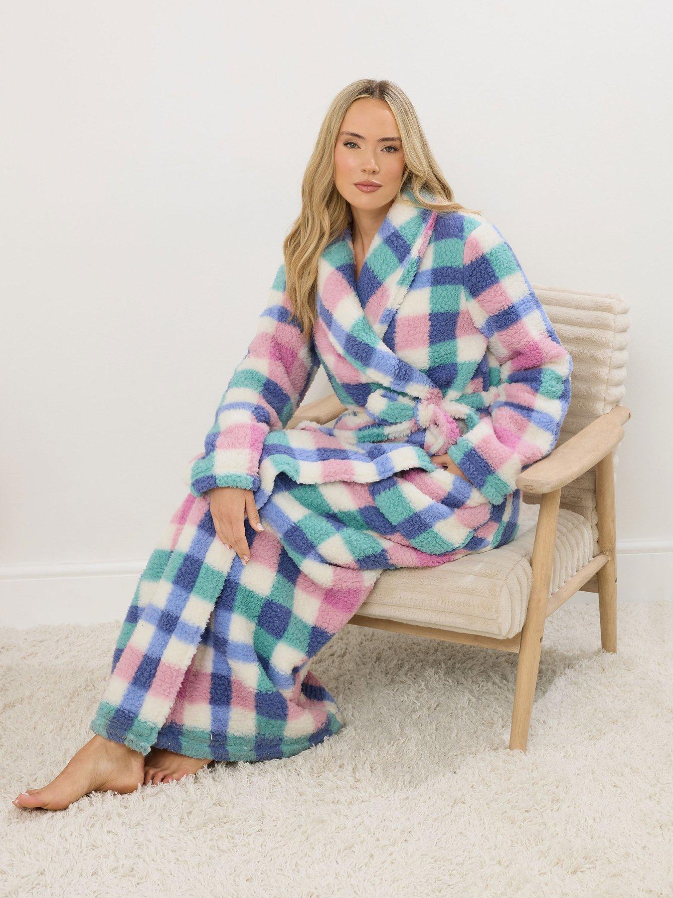  image of long-tall-sally-multi-check-borg-shawl-maxi-robe-white