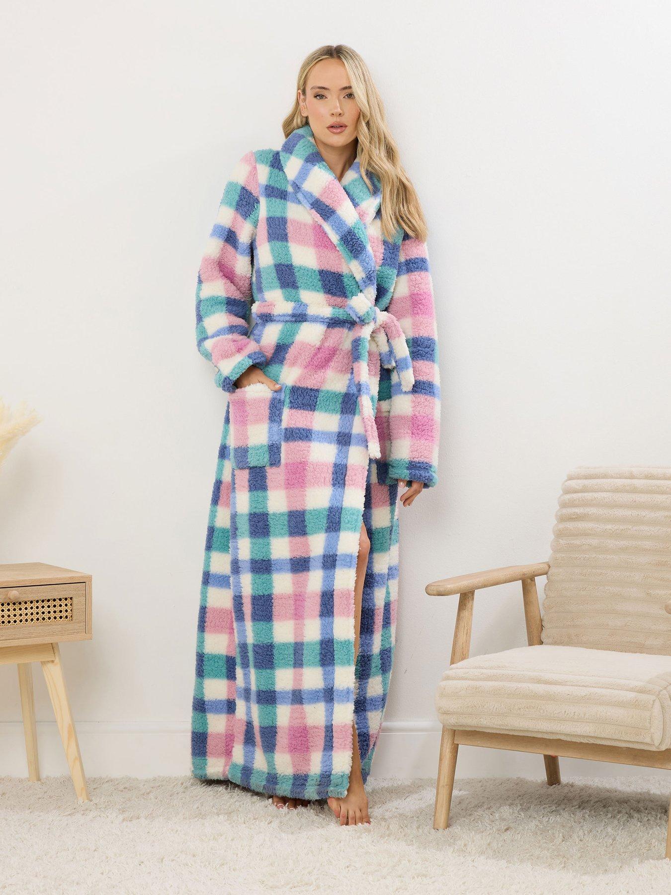  image of long-tall-sally-multi-check-borg-shawl-maxi-robe-white