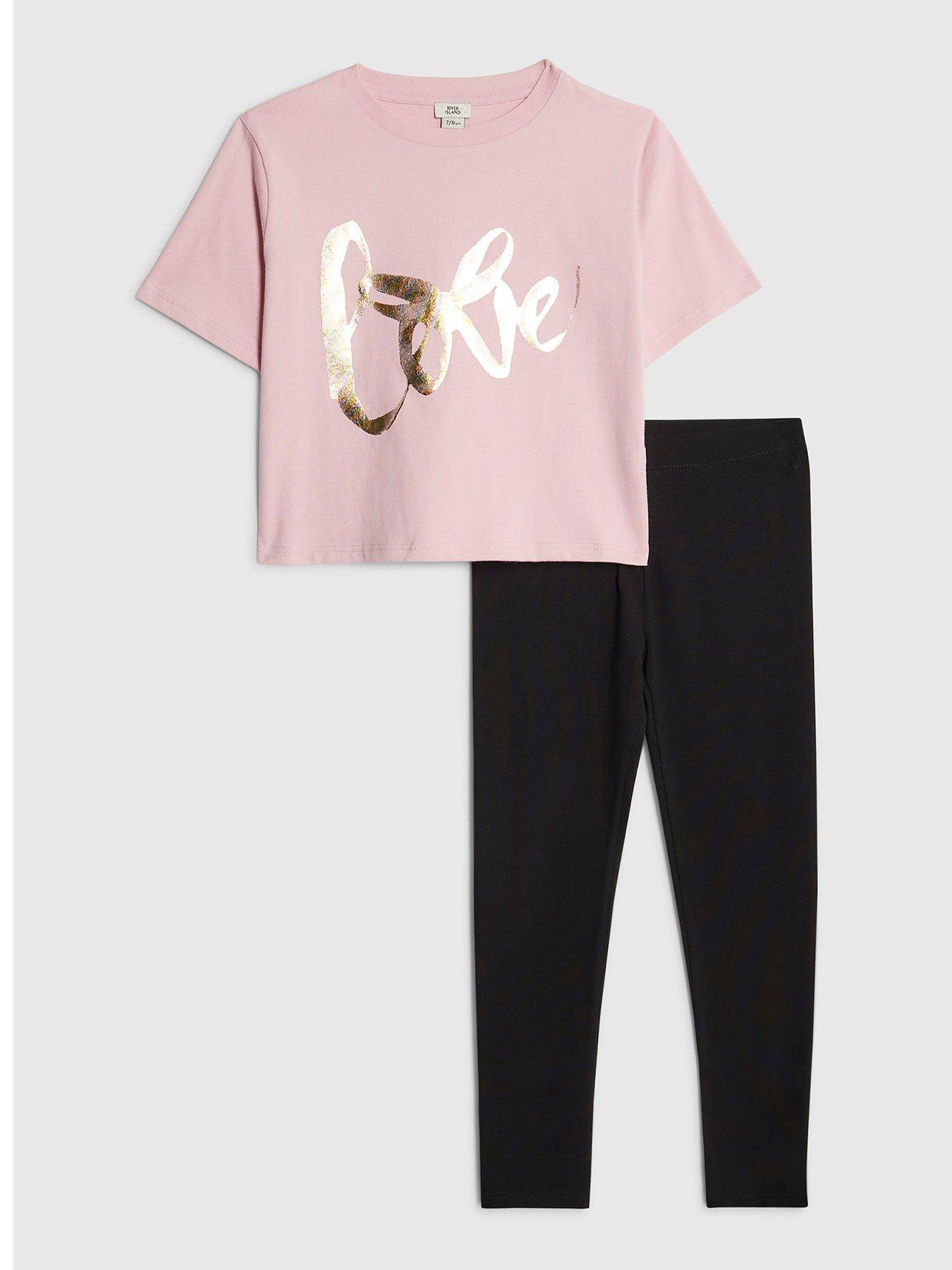 Image 1 of 5 of River Island Older Girls Love T-Shirt and Legging Set - Pink