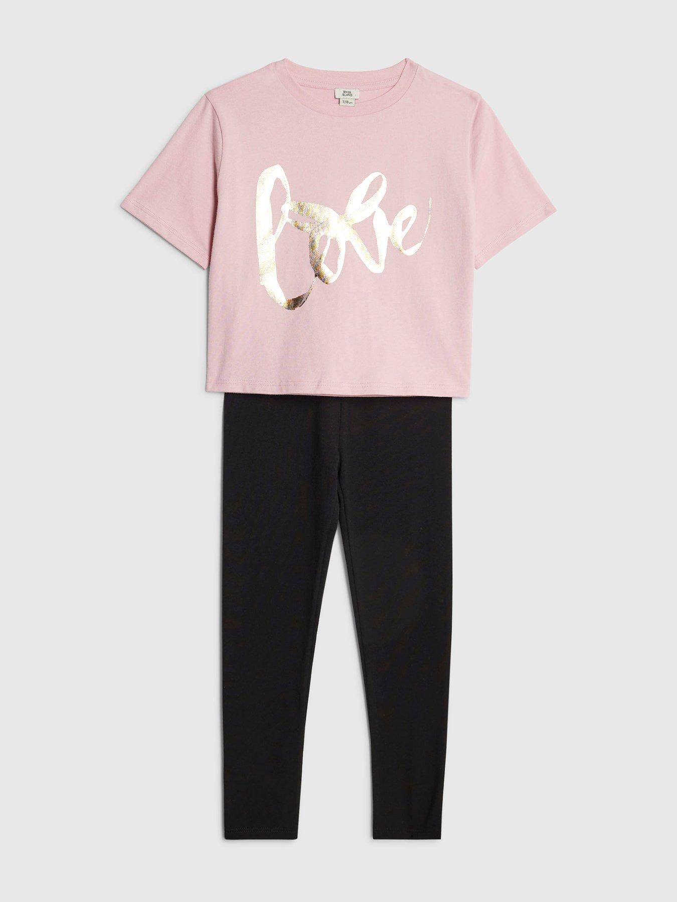 Image 3 of 5 of River Island Older Girls Love T-Shirt and Legging Set - Pink
