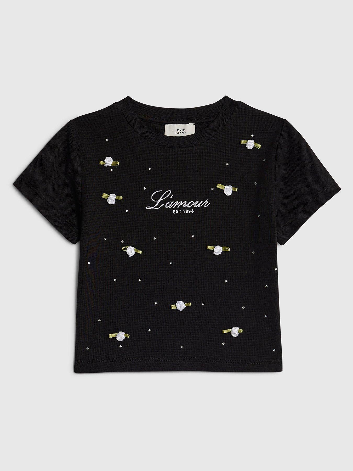 Image 1 of 3 of River Island Older Girls Lamour Rosette T-Shirt - Black