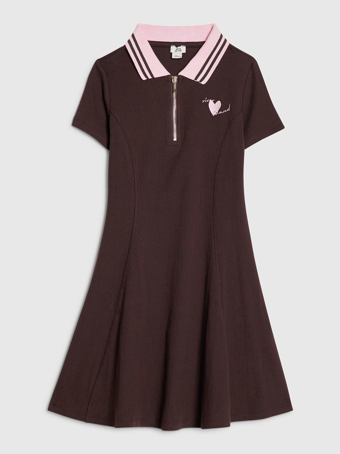 river-island-older-girls-ribbed-zip-polo-dress-brown