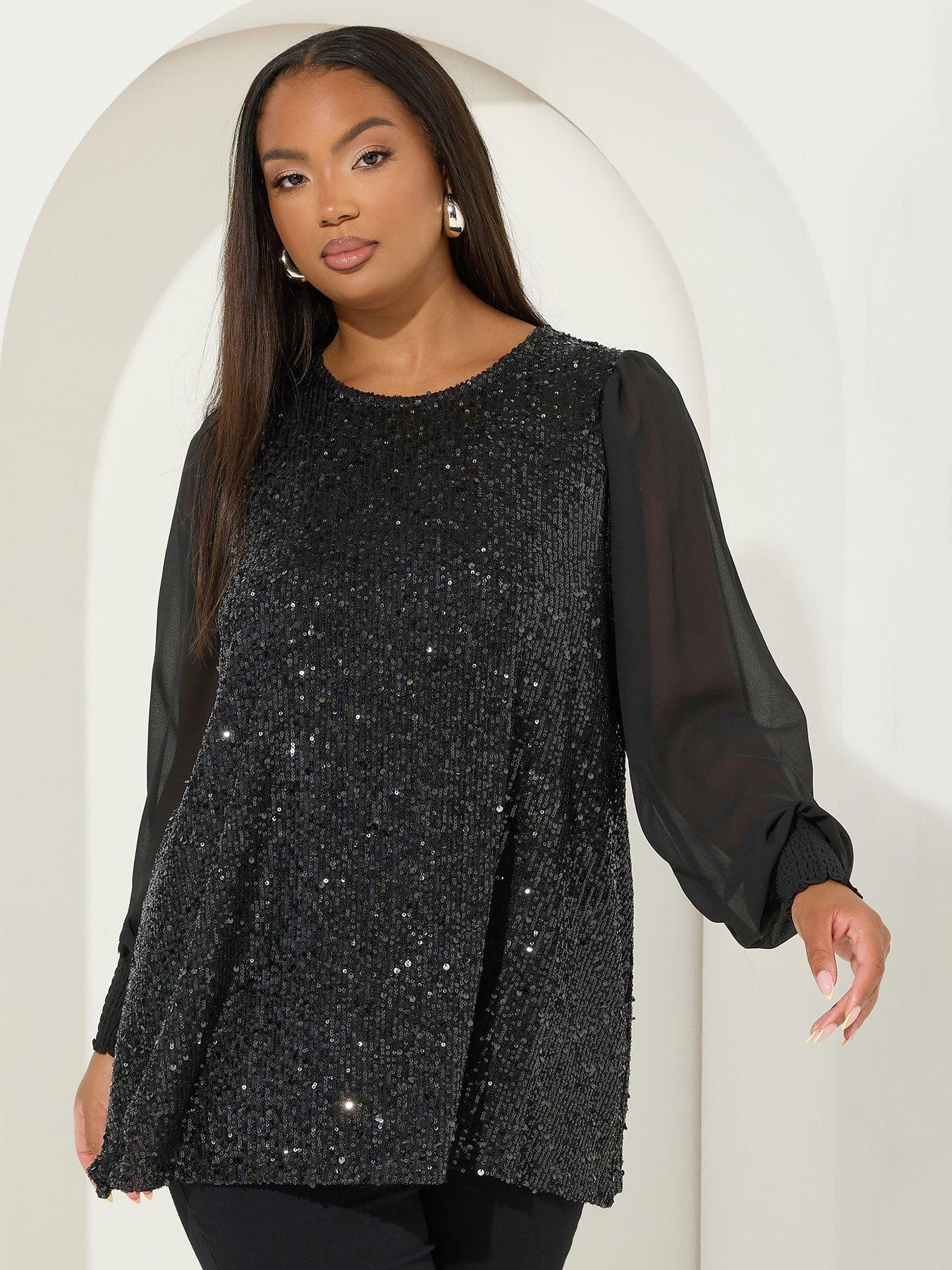 Yours Curve Sequin Swing Top - Black