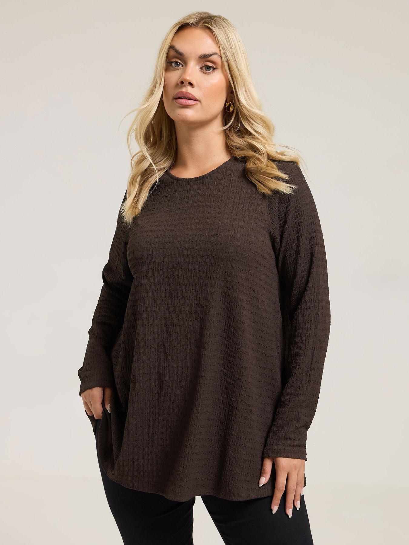 Yours Curve Textured Long Sleeve Swing Top - Brown