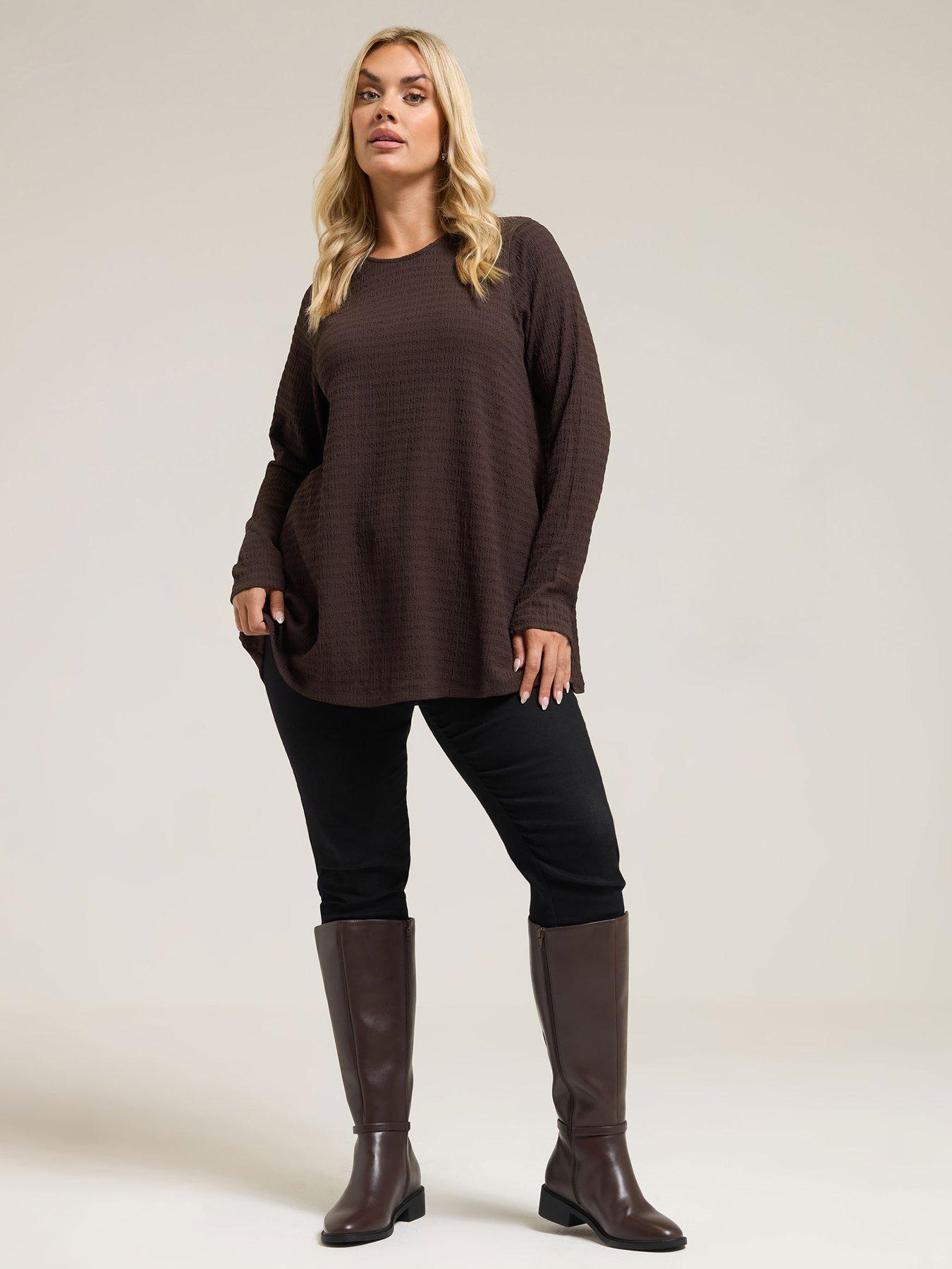 Image 3 of 4 of Yours Curve Textured Long Sleeve Swing Top - Brown
