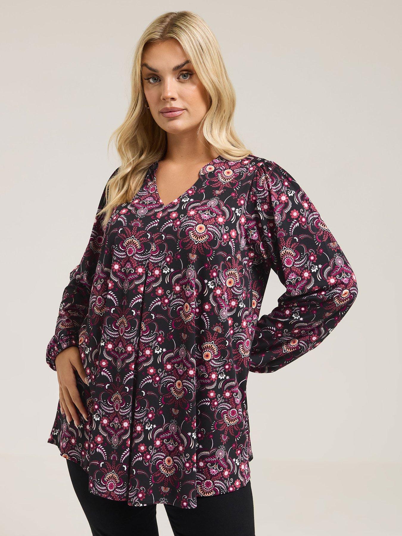 Yours Curve Notch Neck Pleat Front Top - Black