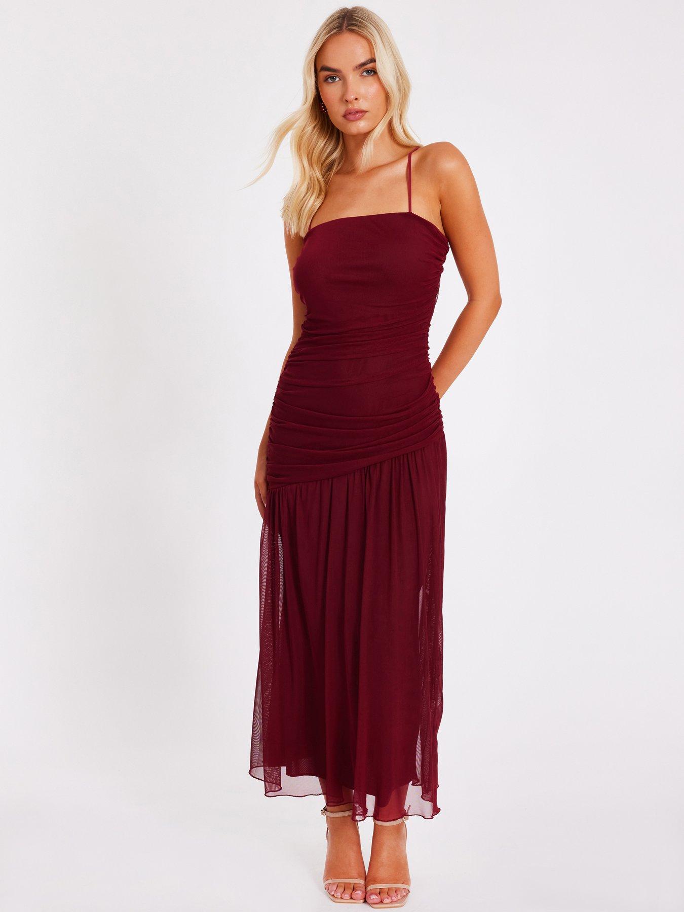 Quiz Dark Red Drop Waist Midaxi Dress