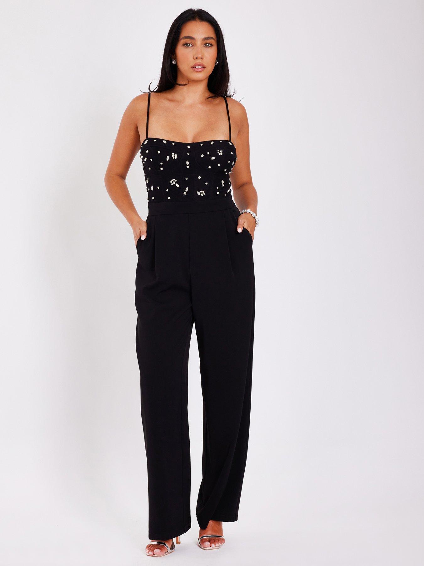 Quiz Black Embellished Mesh Bodice Jumpsuit
