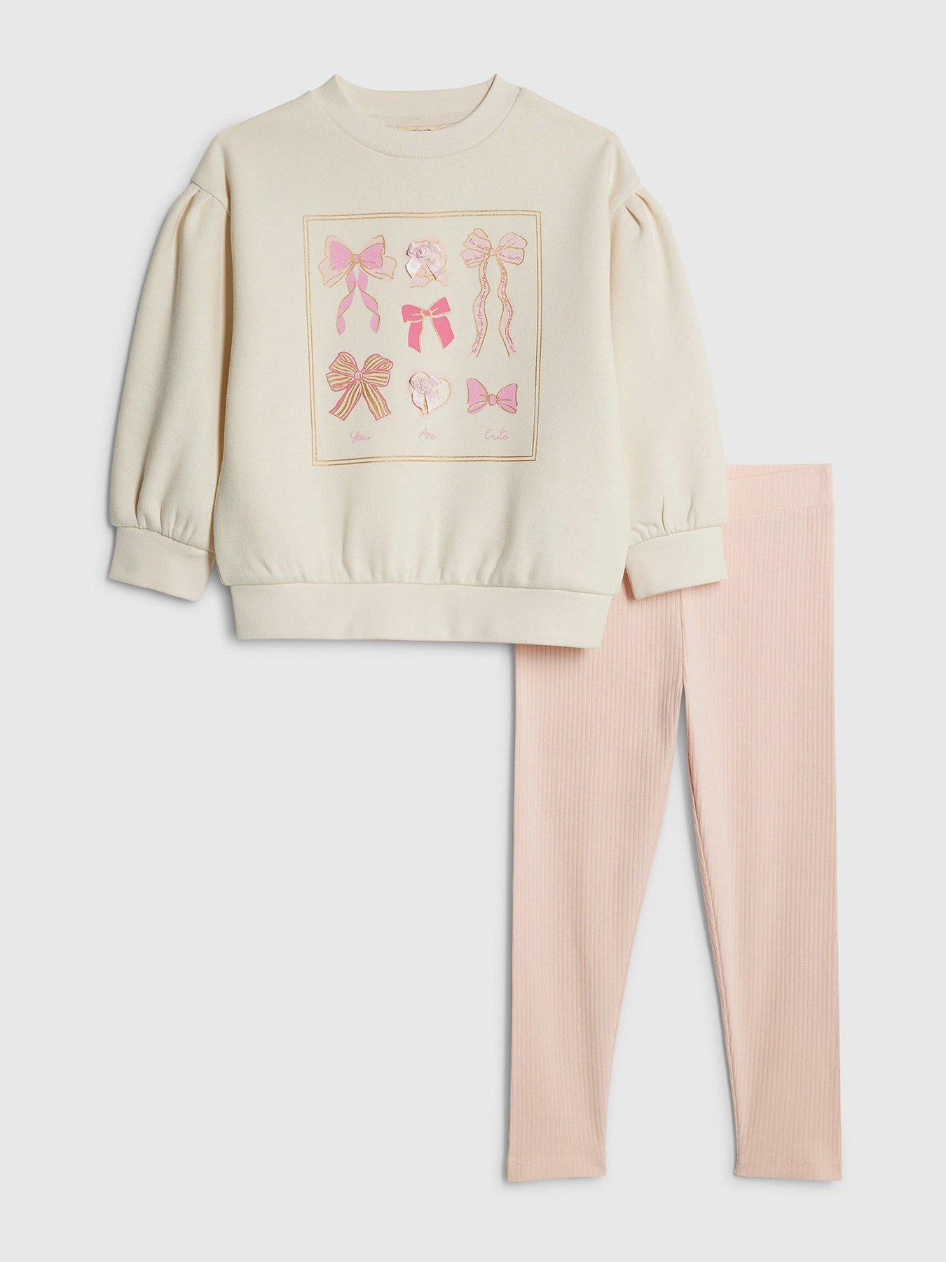 Image 1 of 5 of River Island Mini Girls Bow Box Sweatshirt Set - Cream