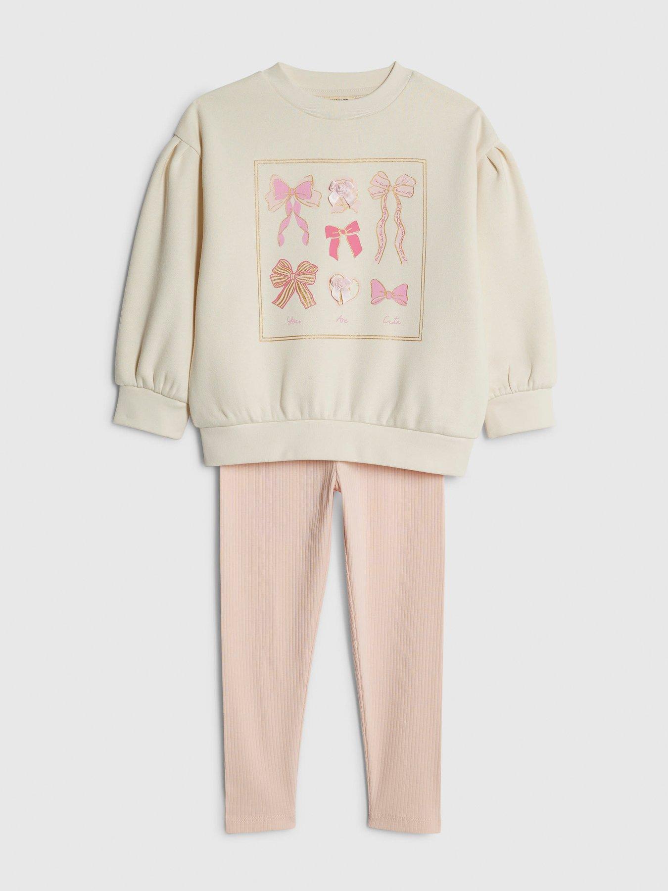 Image 3 of 5 of River Island Mini Girls Bow Box Sweatshirt Set - Cream