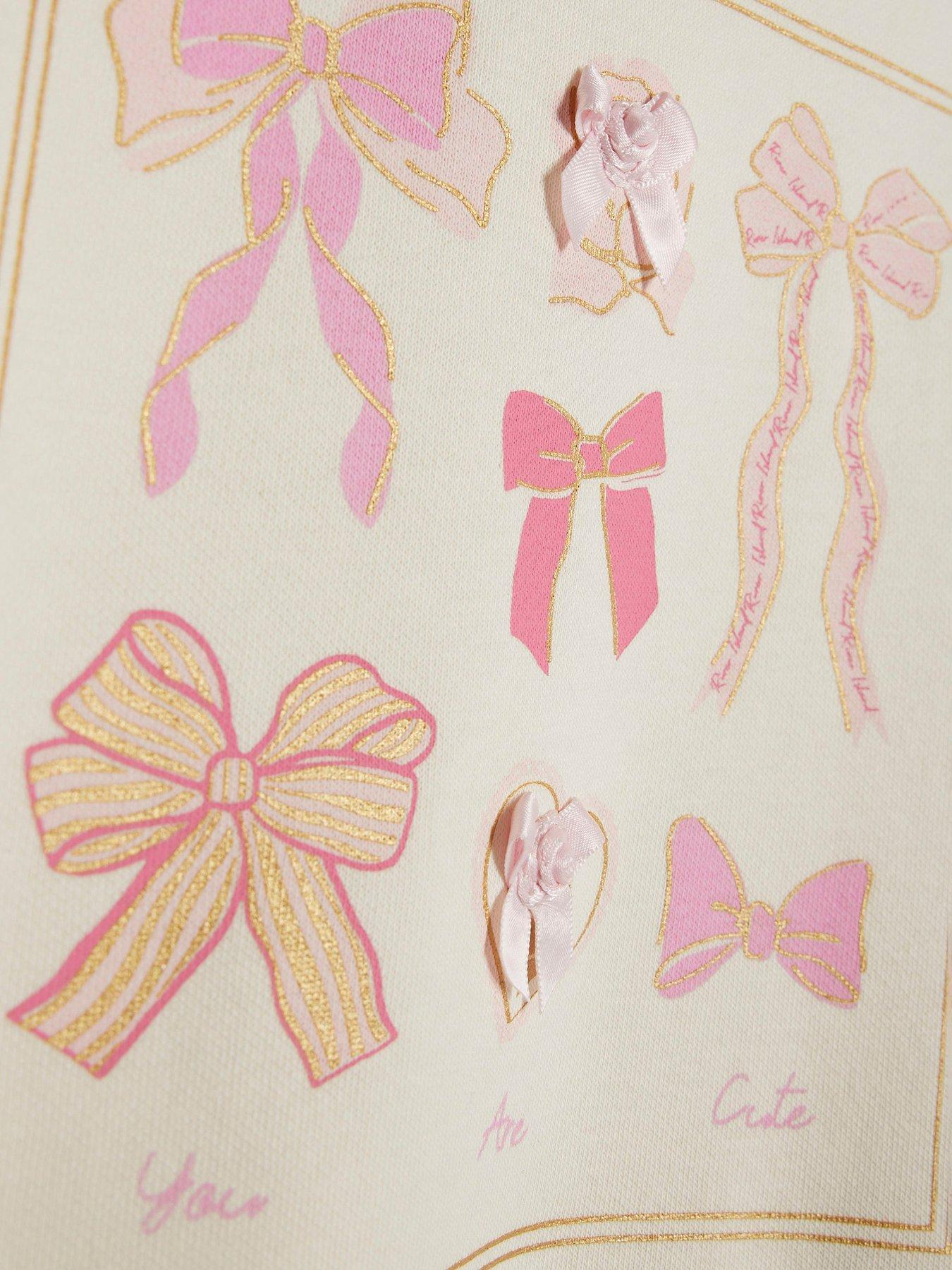 Image 4 of 5 of River Island Mini Girls Bow Box Sweatshirt Set - Cream