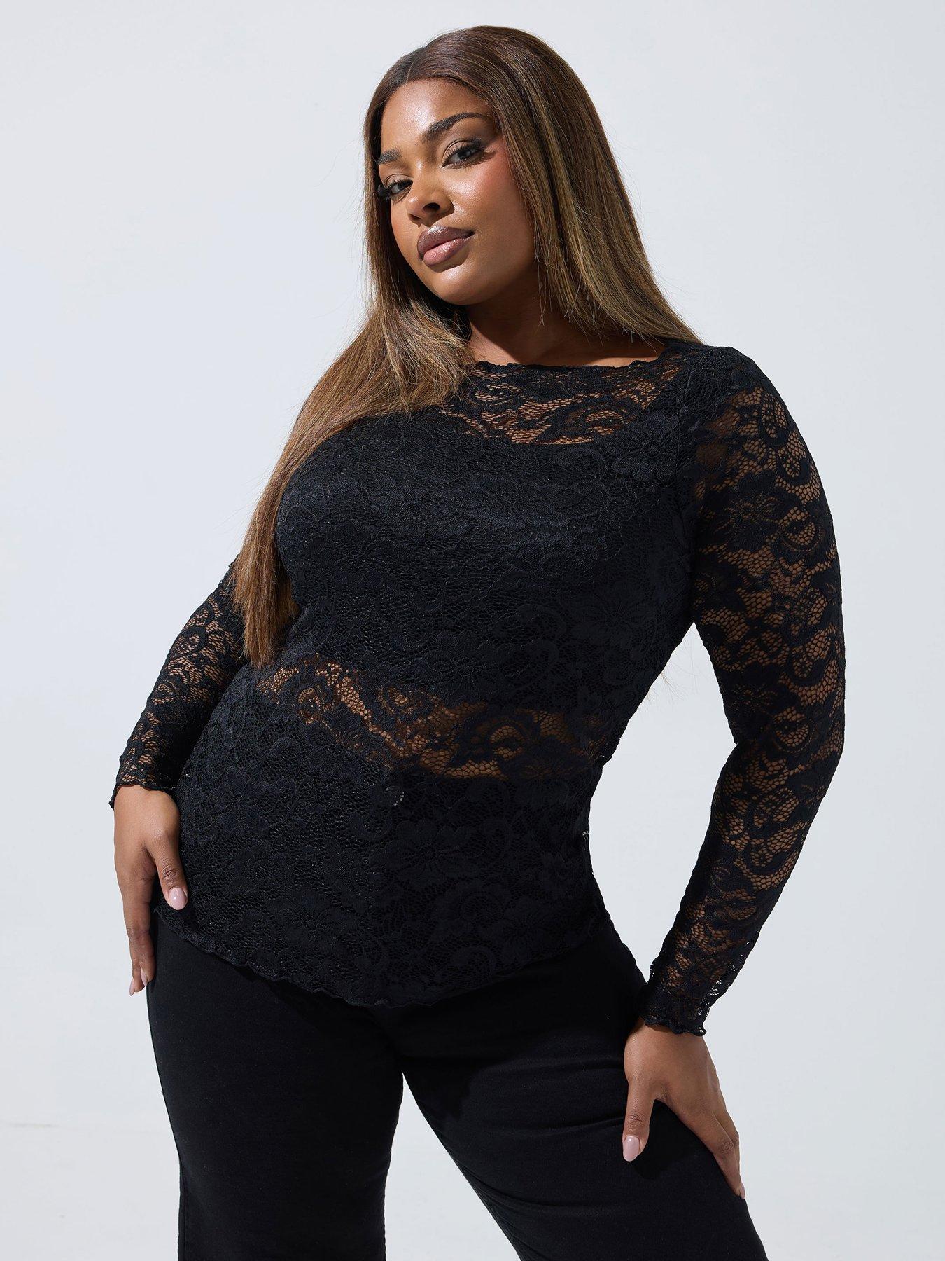  image of yours-curve-long-sleeve-lace-top-black