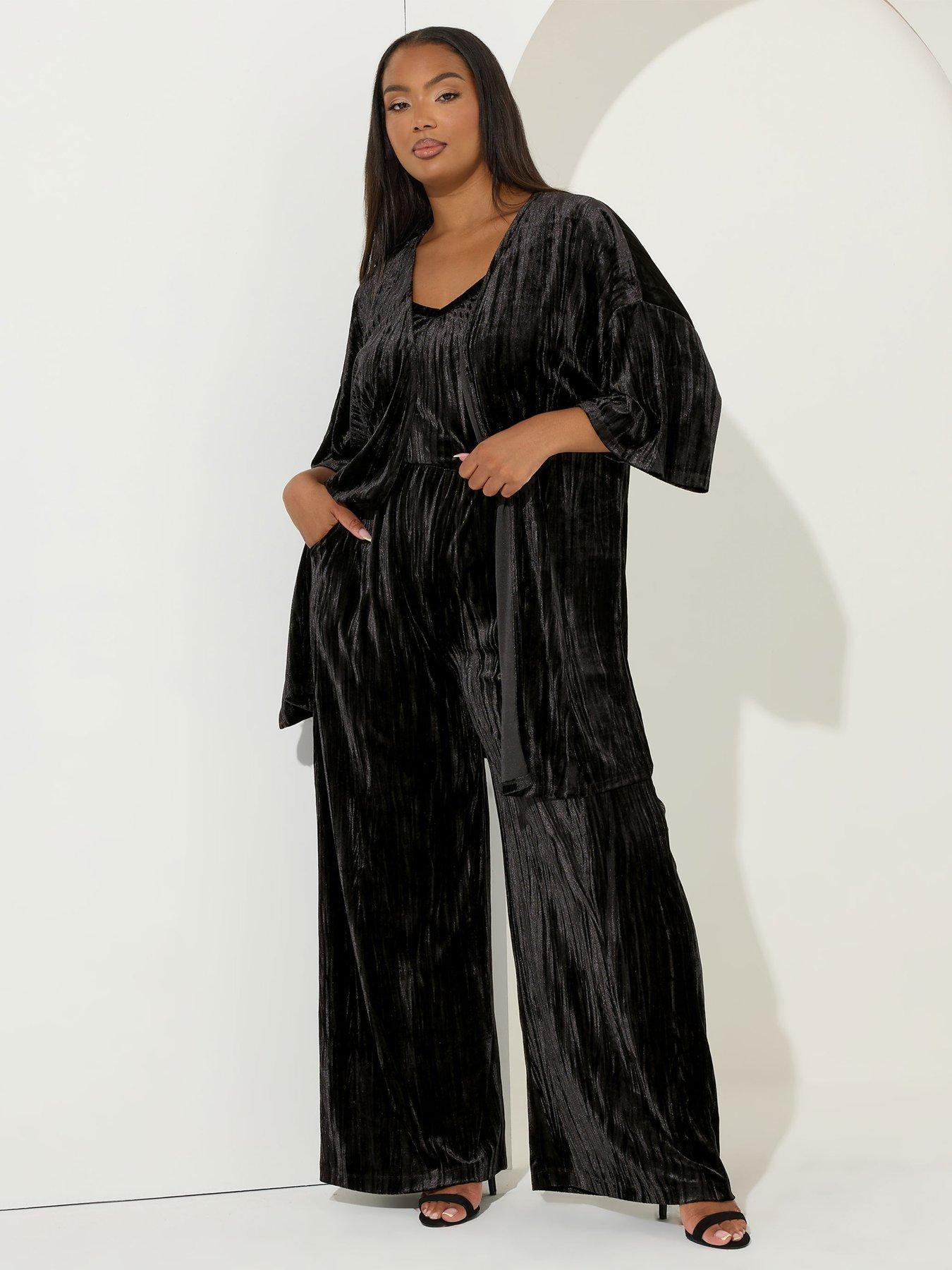  image of yours-curve-crushed-velour-wide-leg-trouser-black