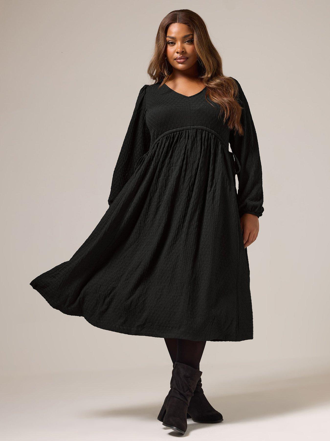 Yours Curve Tie Textured Midaxi Dress - Black