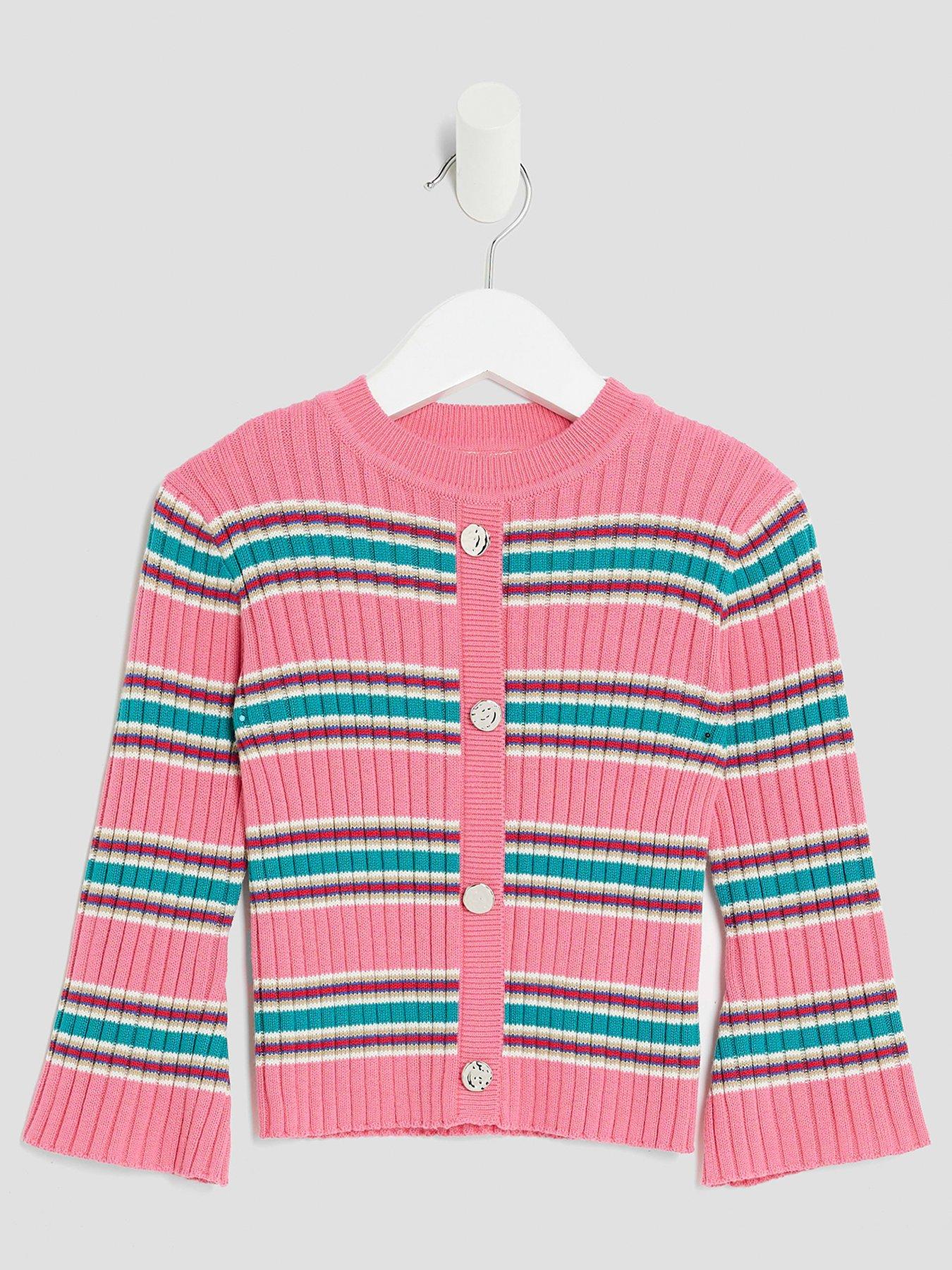 Image 1 of 4 of River Island Mini Girls Knitted Striped Cardigan - Pink