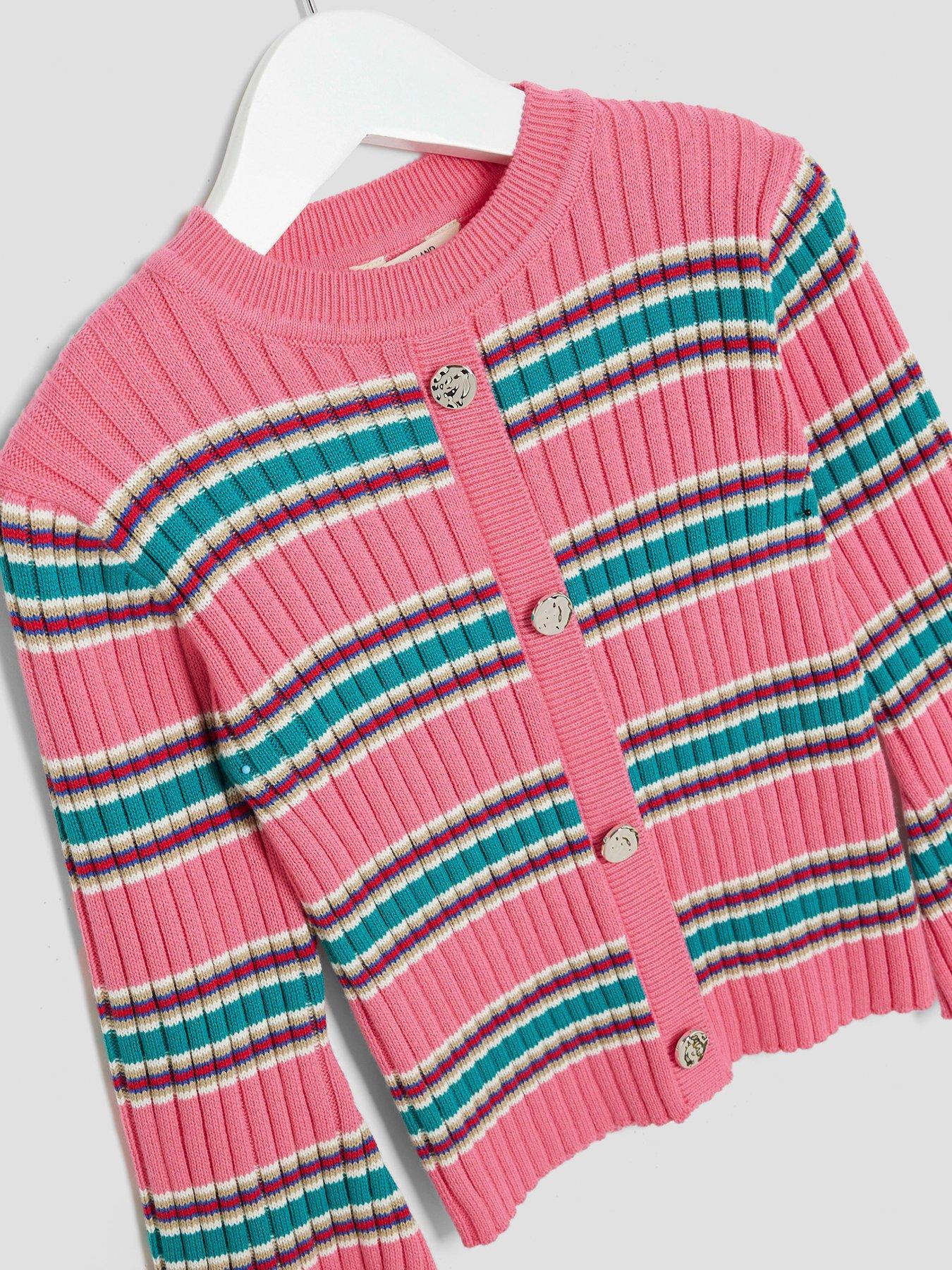 Image 3 of 4 of River Island Mini Girls Knitted Striped Cardigan - Pink