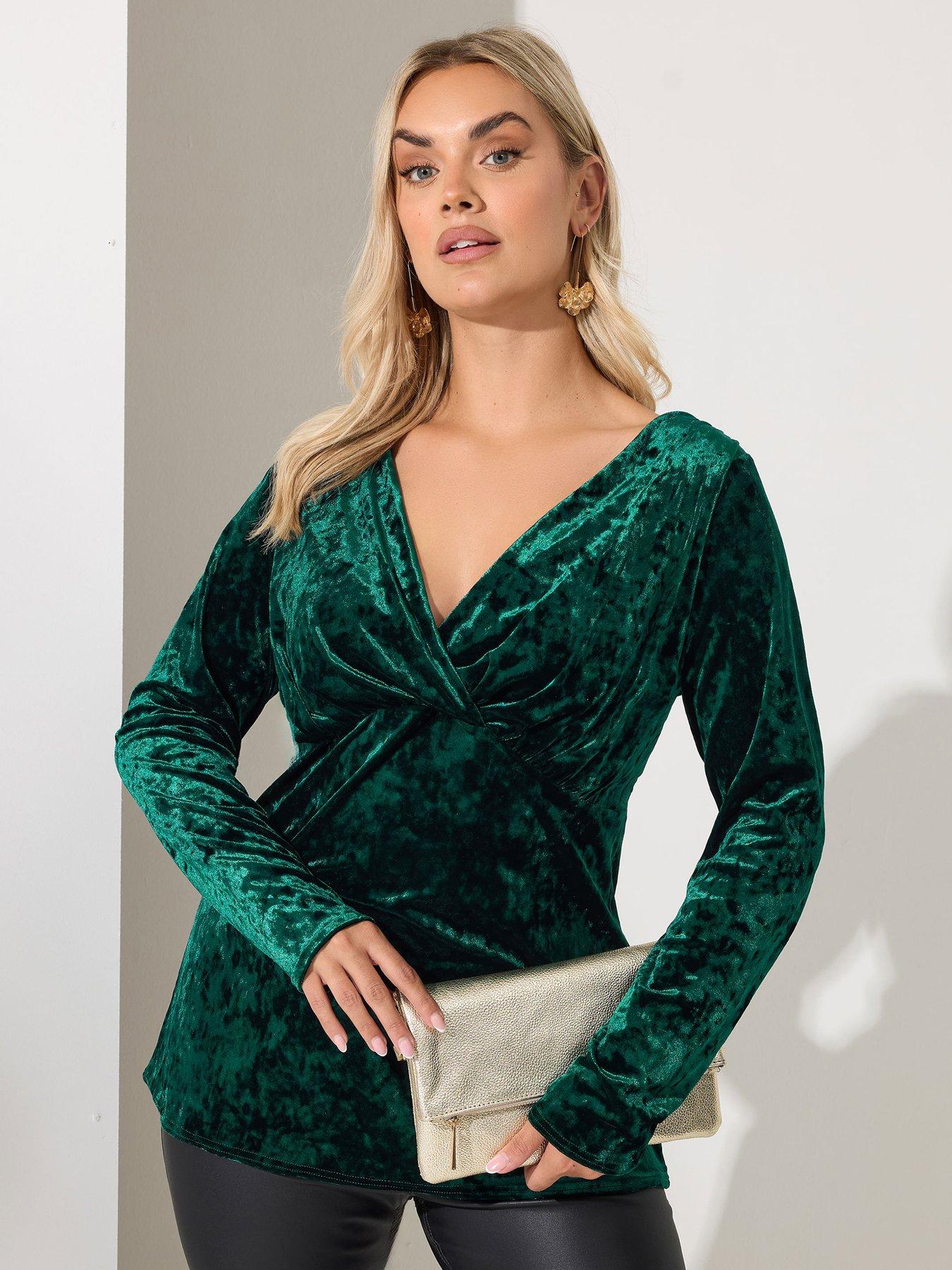 Yours Curve Velvet V Neck Top - Green