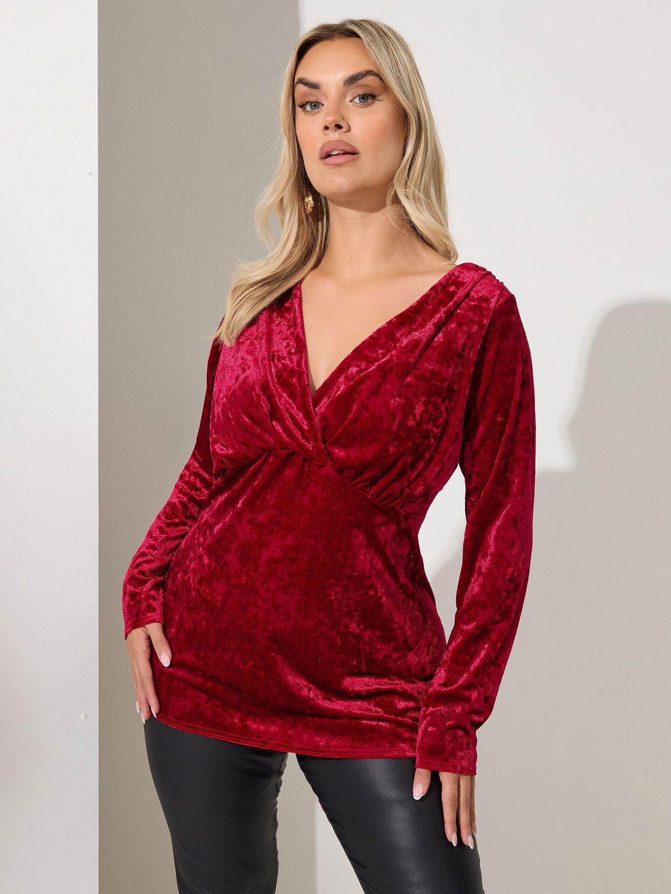 Yours Curve Velvet V Neck Top - Red