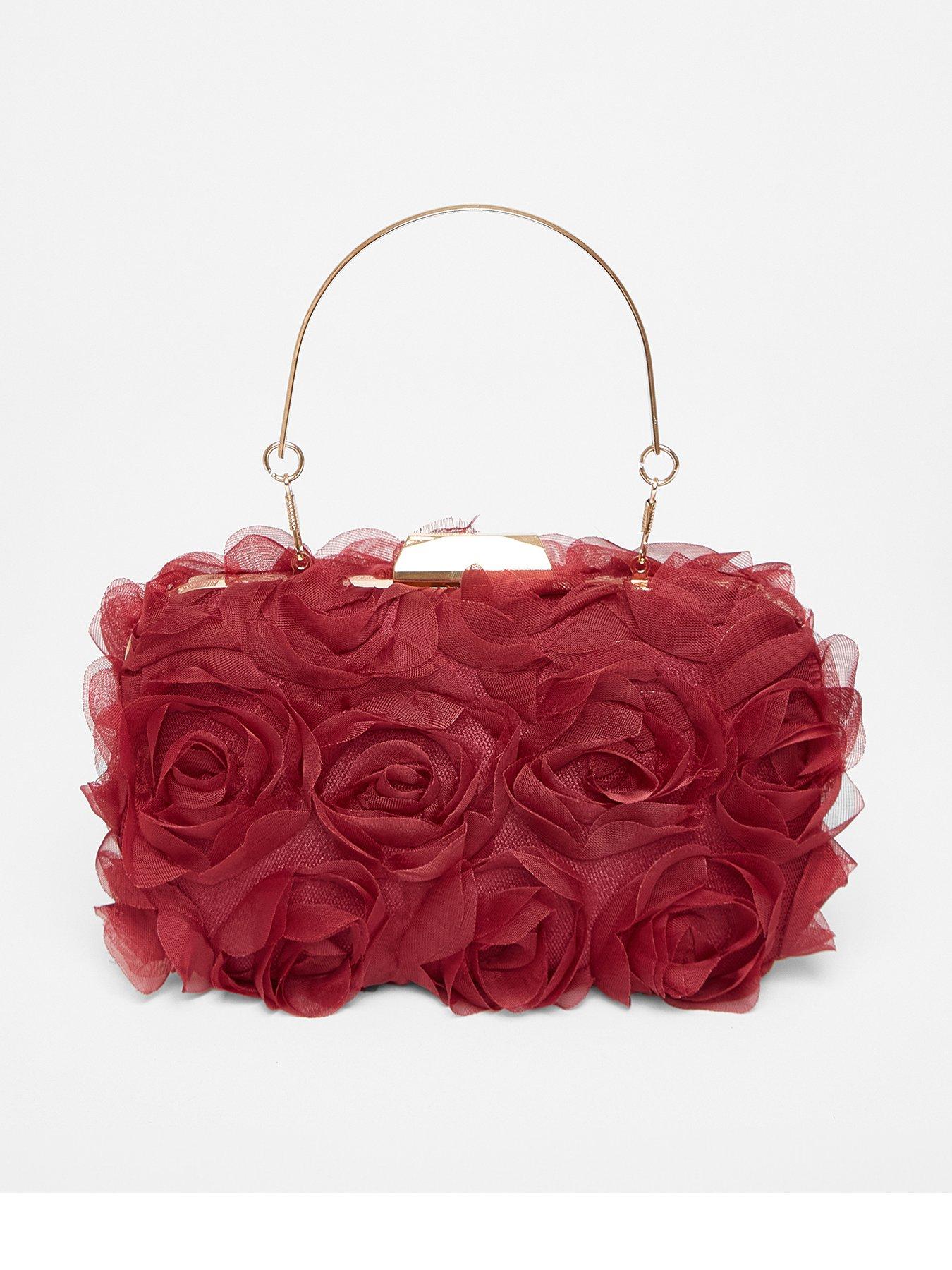 Quiz Dark Red Organza Rose Box Bag