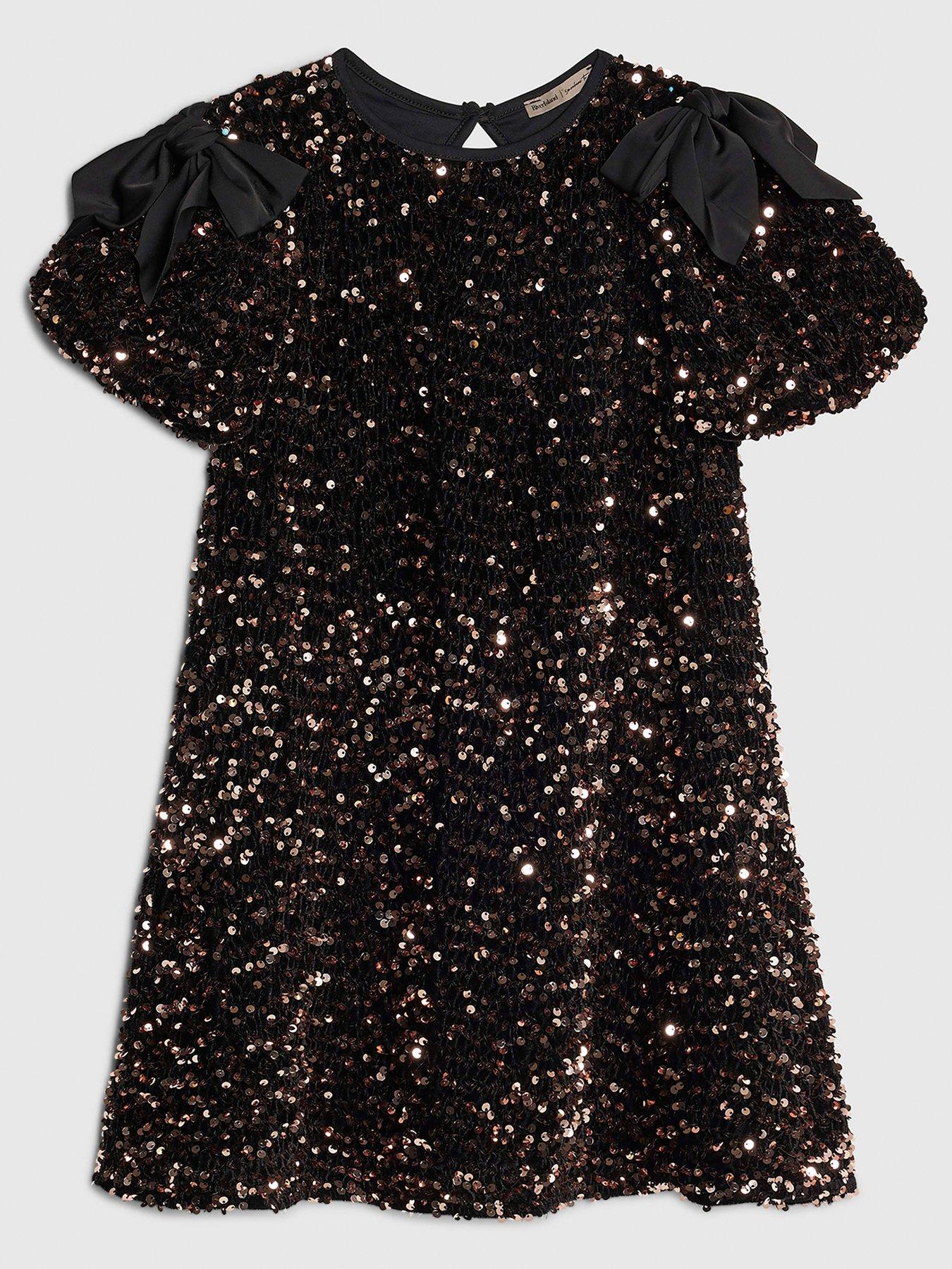 River Island Older Girls Sequin Bow Dress - Brown