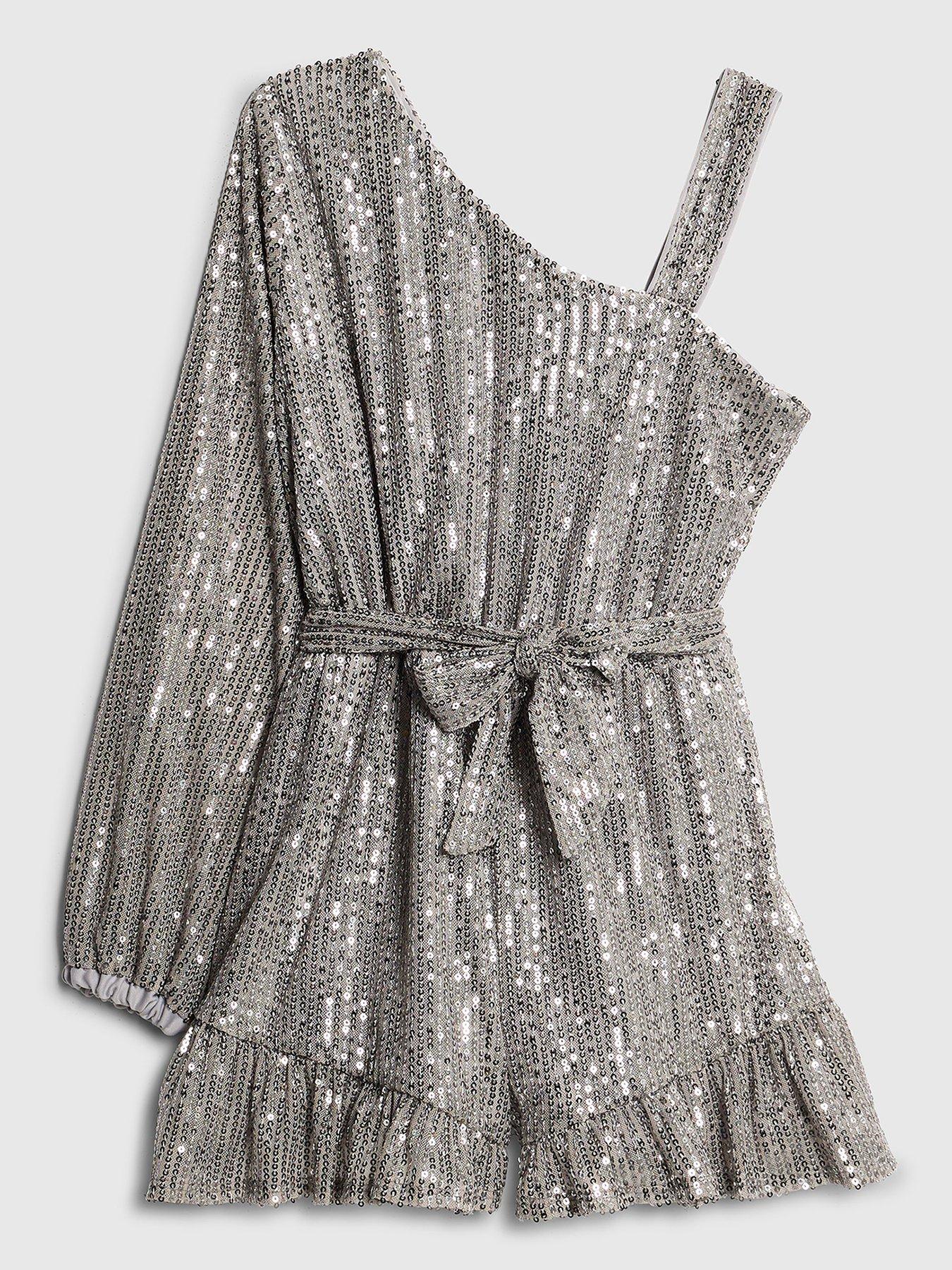 River Island Older Girls Sequin One Shoulder Playsuit - Silver