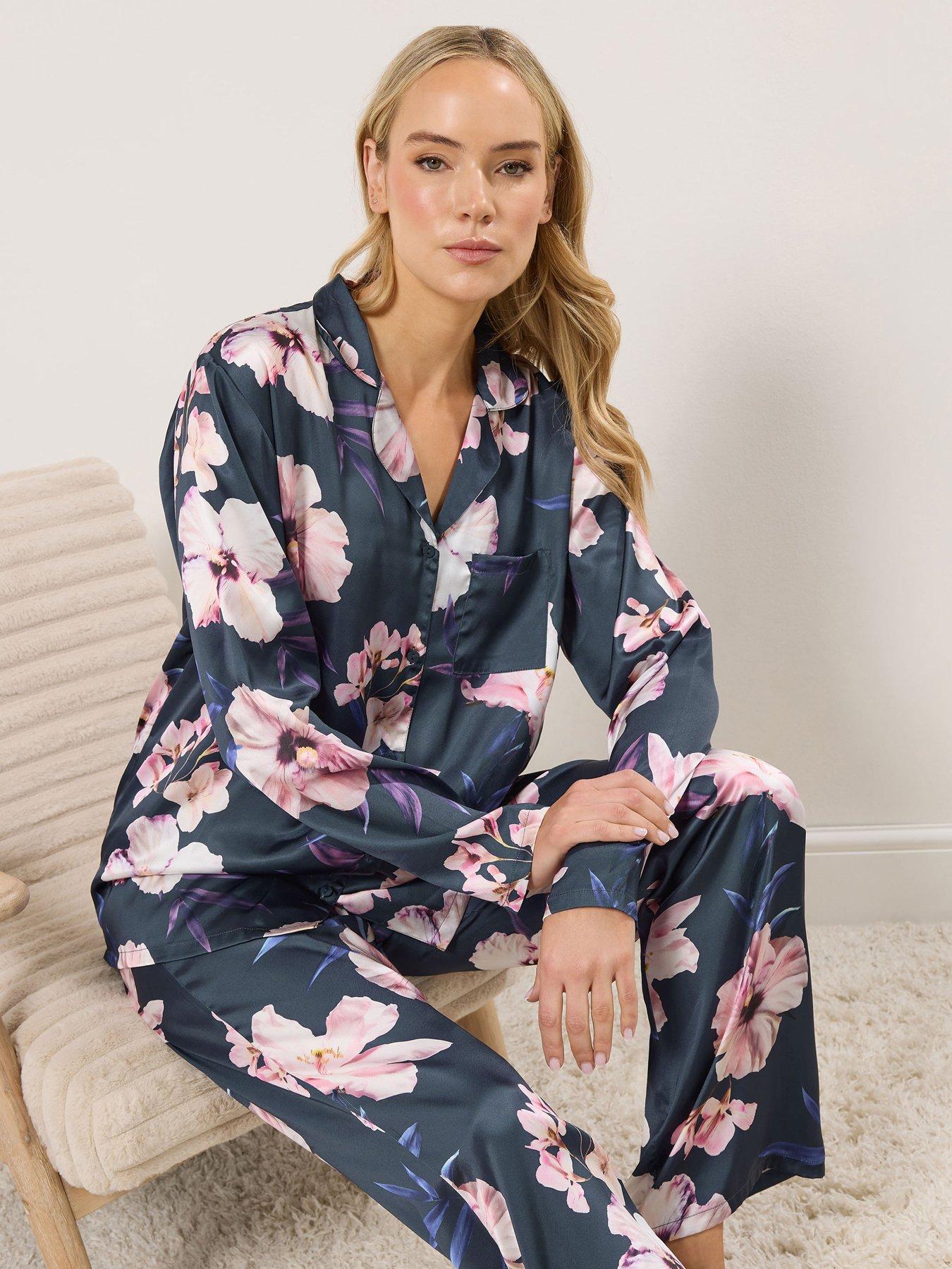 Image 3 of 4 of Long Tall Sally Oversize Floral Satin Pyjama Set - Grey