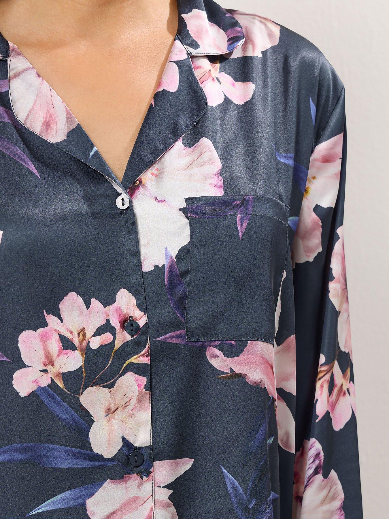 Image 4 of 4 of Long Tall Sally Oversize Floral Satin Pyjama Set - Grey