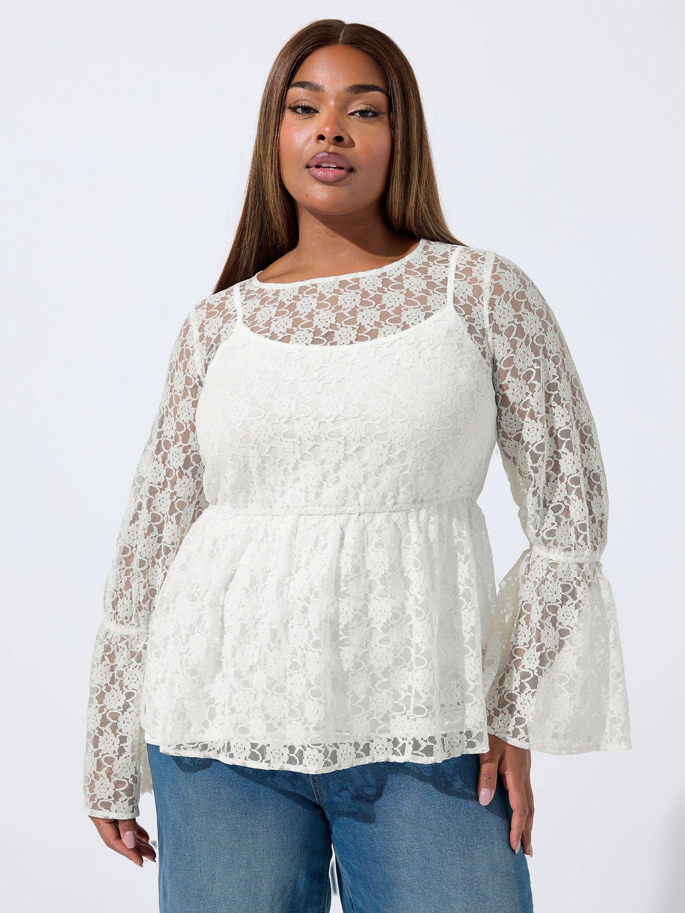 Yours Curve Lace Flare Sleeve Top - Cream