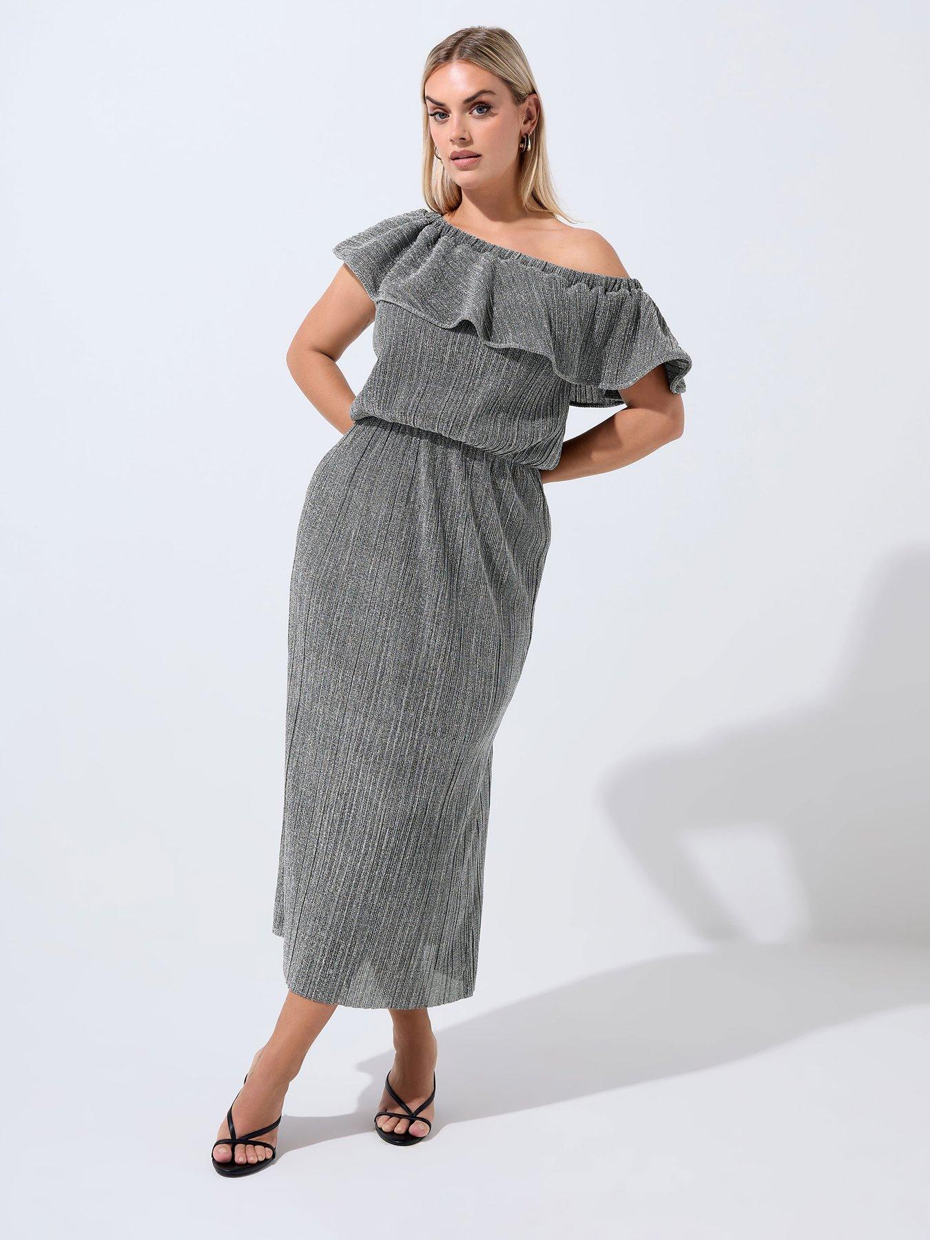 Yours Curve Frill Sparkle Dress - Silver
