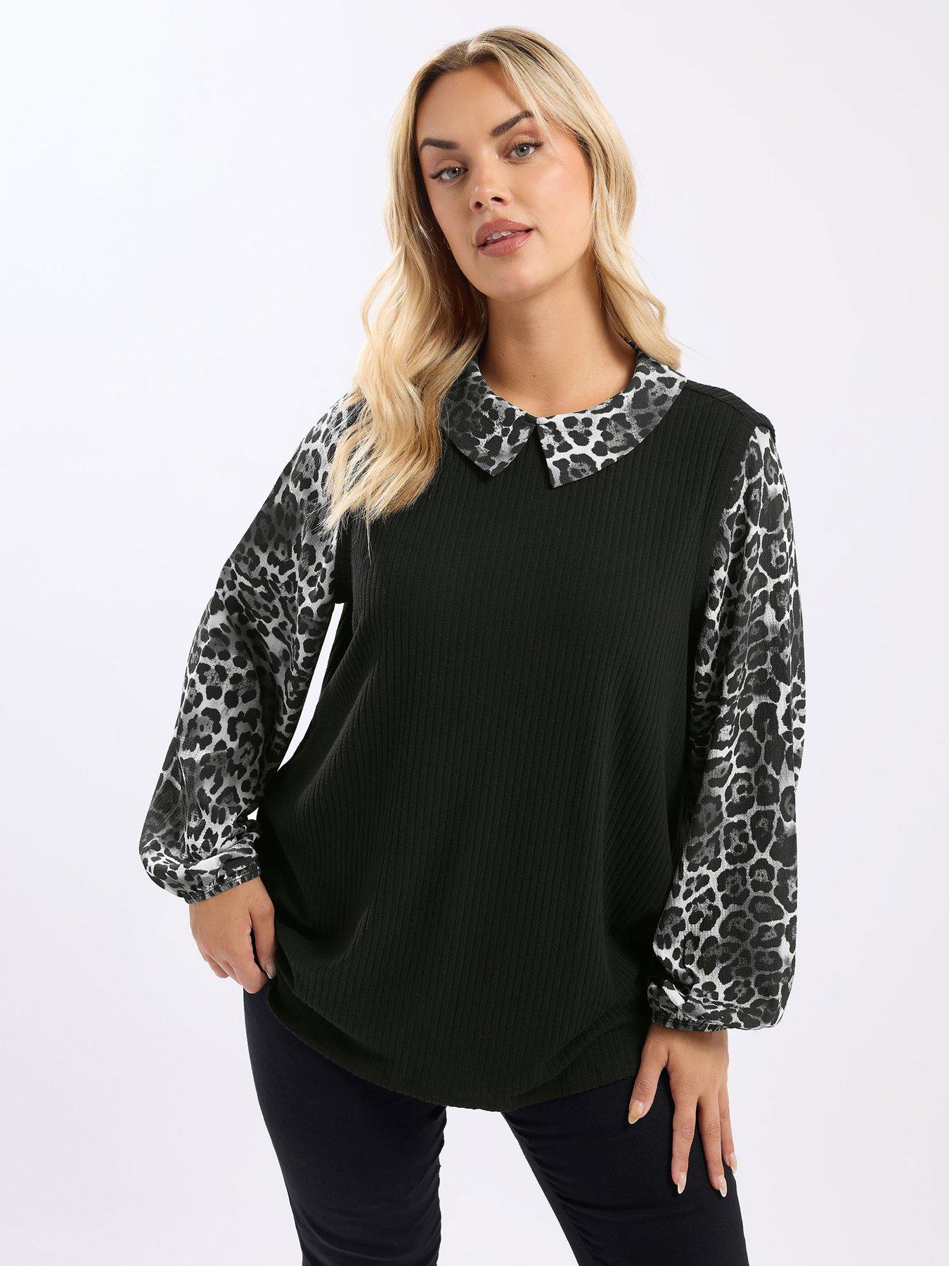 Yours Curve Leopard Print Brushed Top - Black