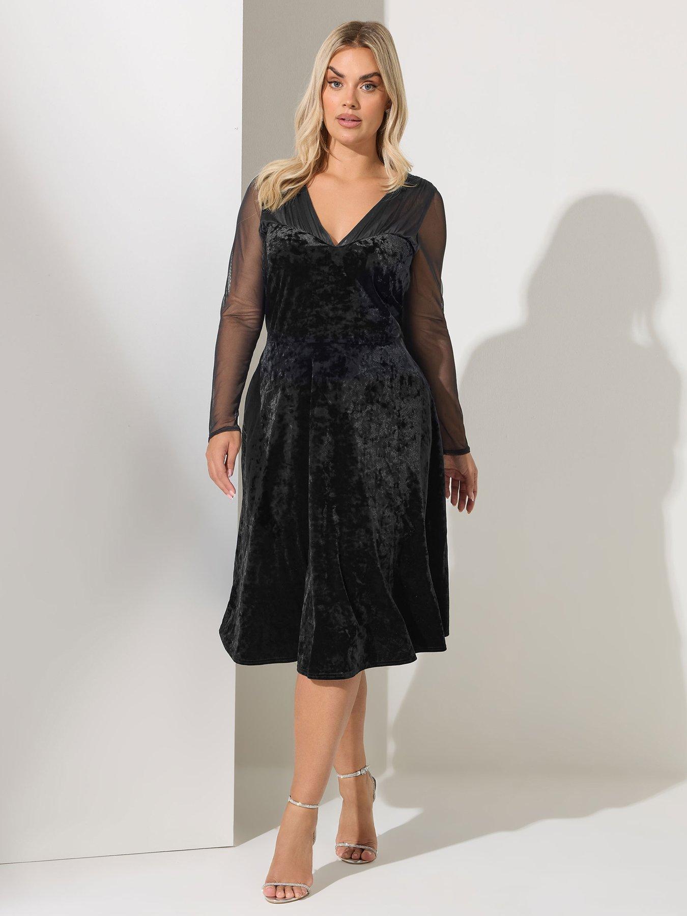 Image 3 of 4 of Yours Curve Mesh Sleeve Velvet Dress - Black