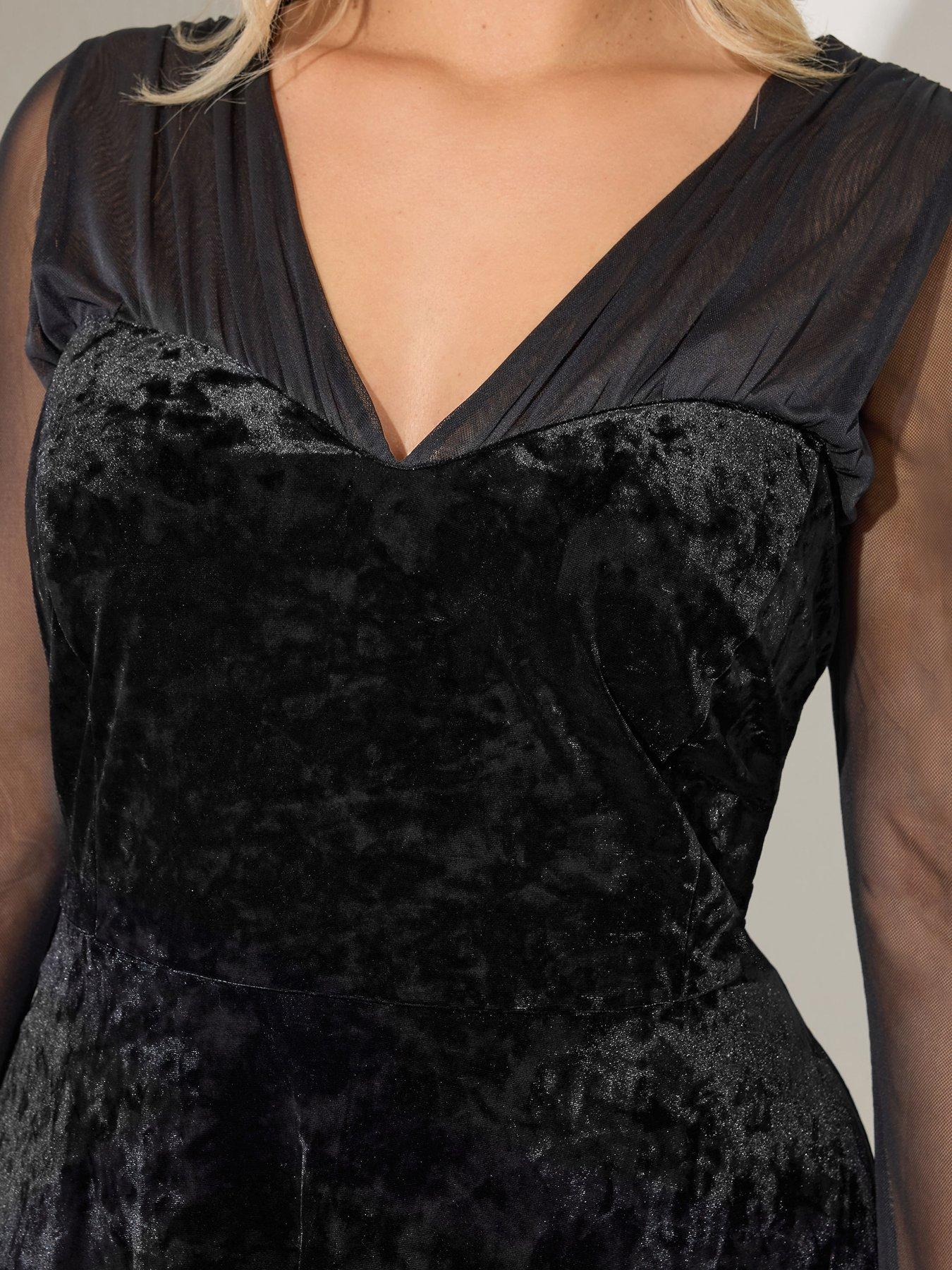 Image 4 of 4 of Yours Curve Mesh Sleeve Velvet Dress - Black
