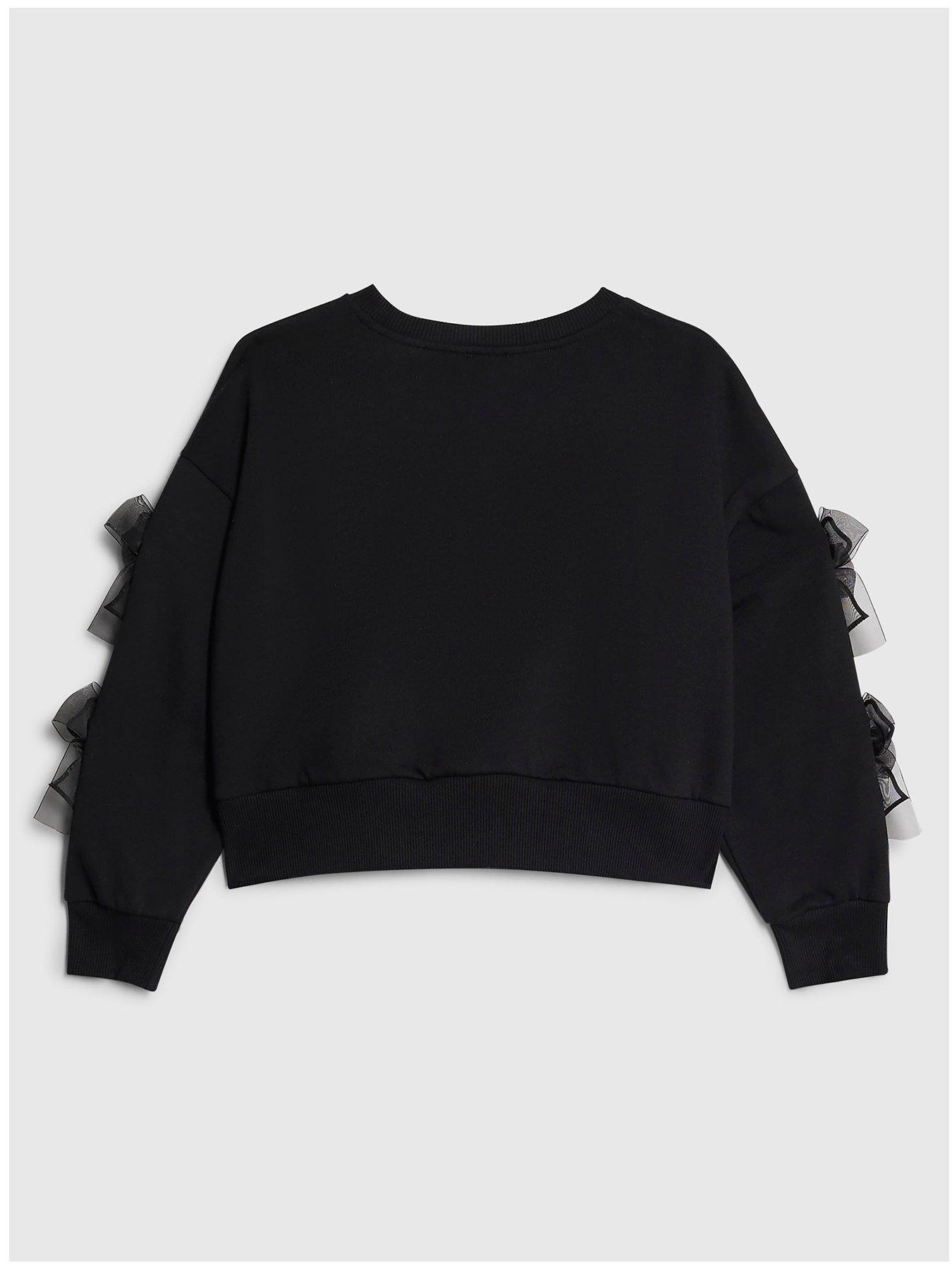 Image 2 of 4 of River Island Older Girls Diamante Tres Chic Bow Sweatshirt - Black