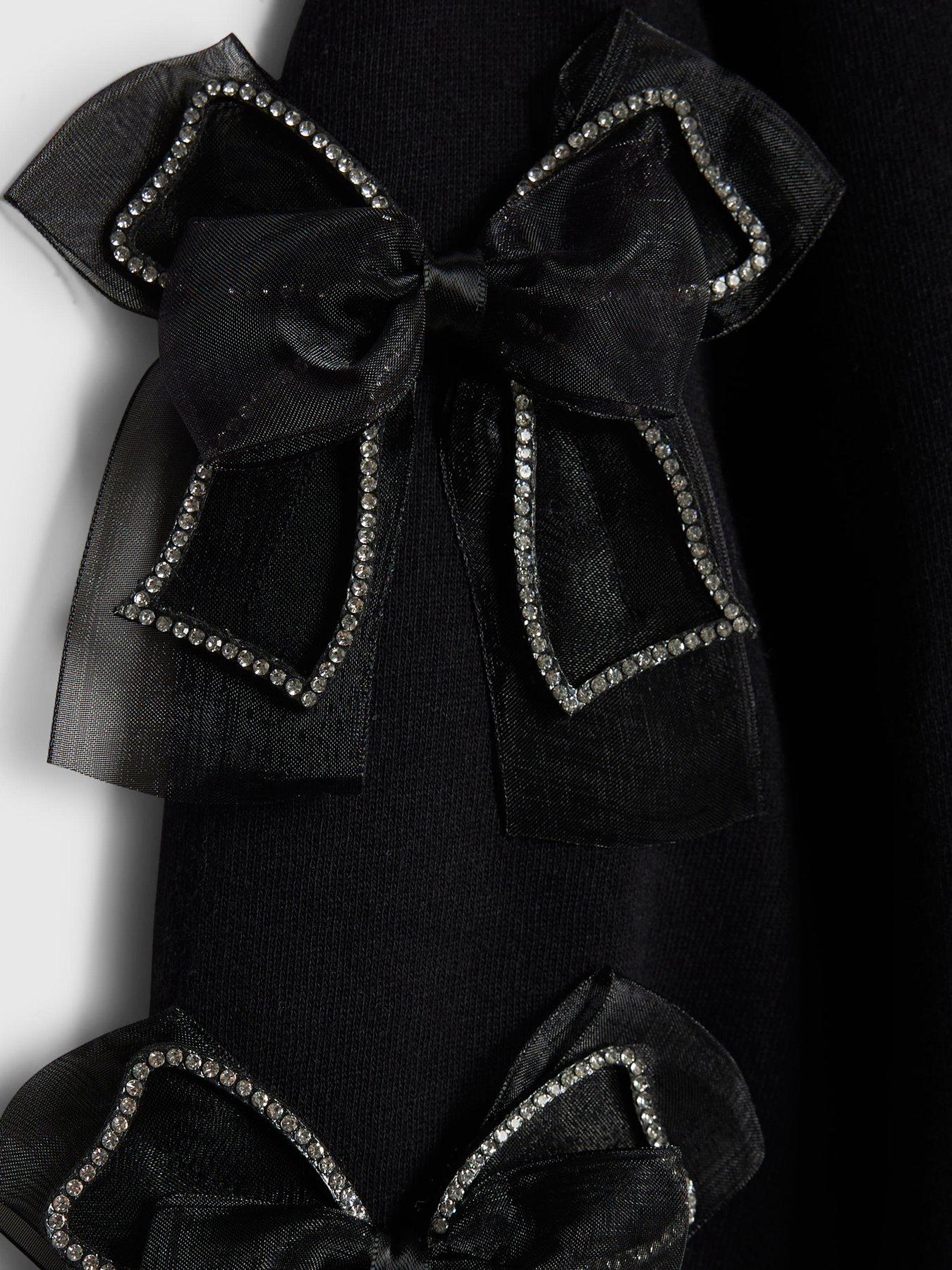 Image 3 of 4 of River Island Older Girls Diamante Tres Chic Bow Sweatshirt - Black