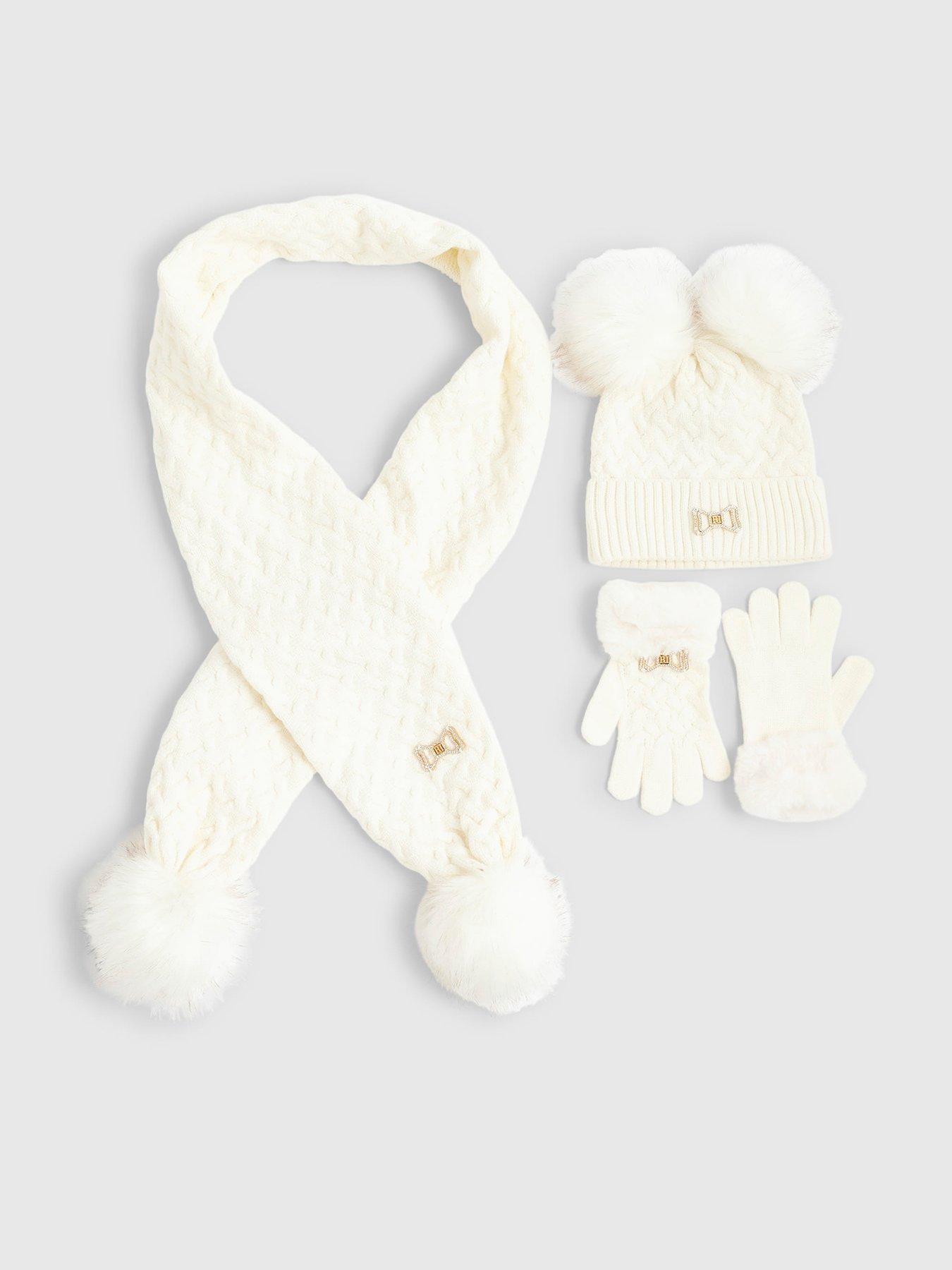 River Island Older Girls Bow Beanie And Mittens Set - Cream
