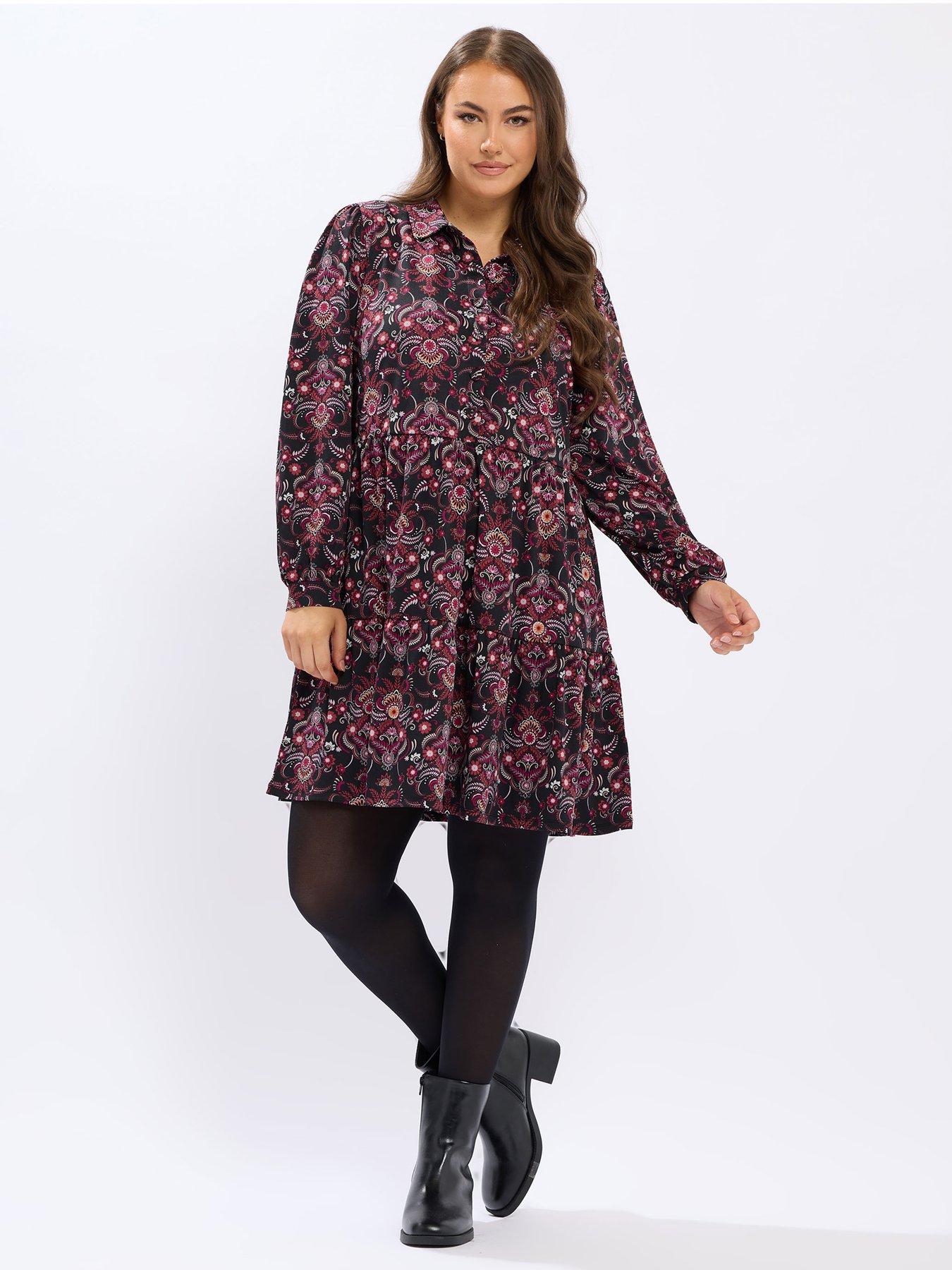  image of yours-curve-tiered-crepe-paisley-shirt-dress-black