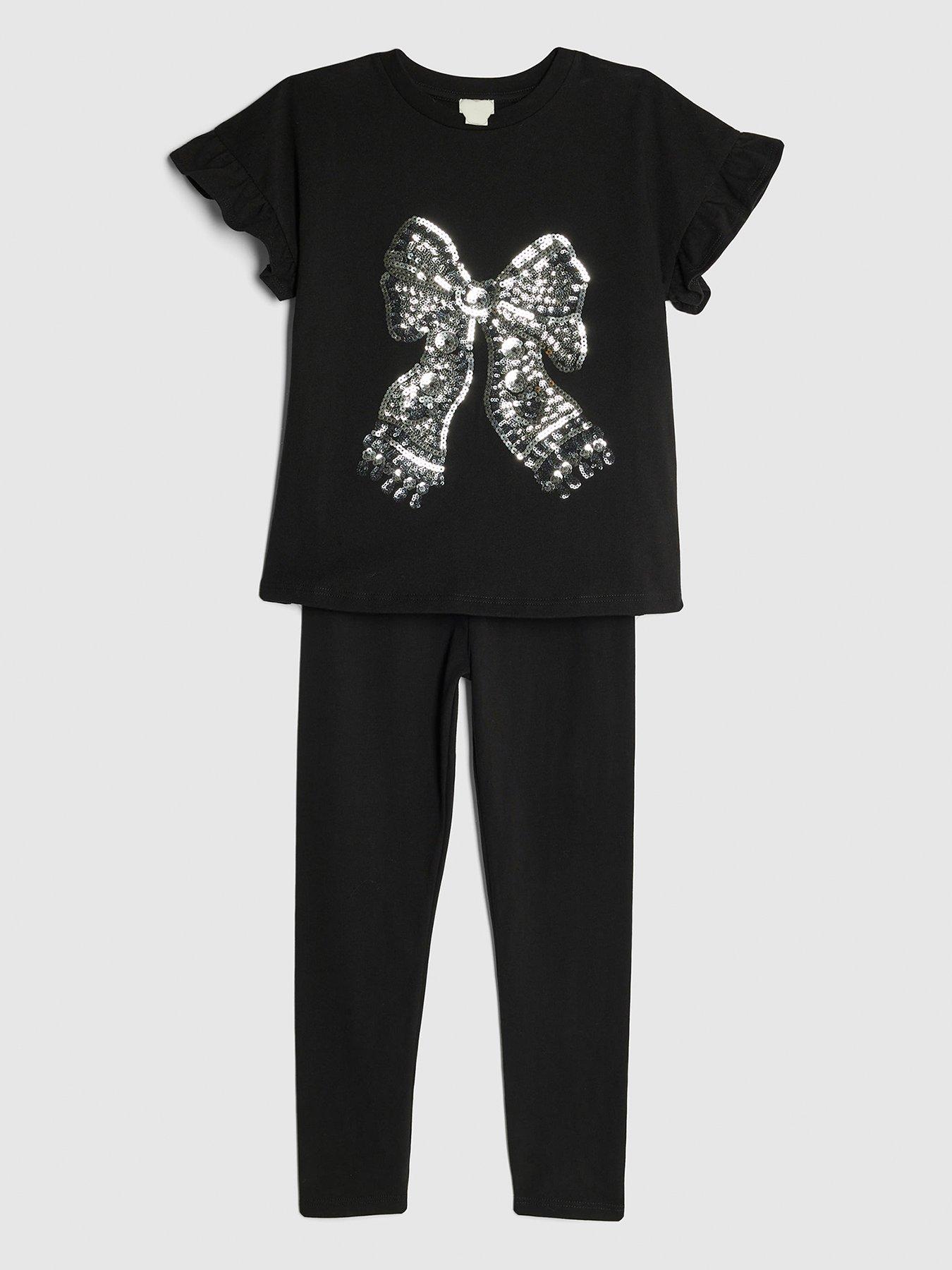 River Island Older Girls Sequin Bow Top And Leggings Set - Black