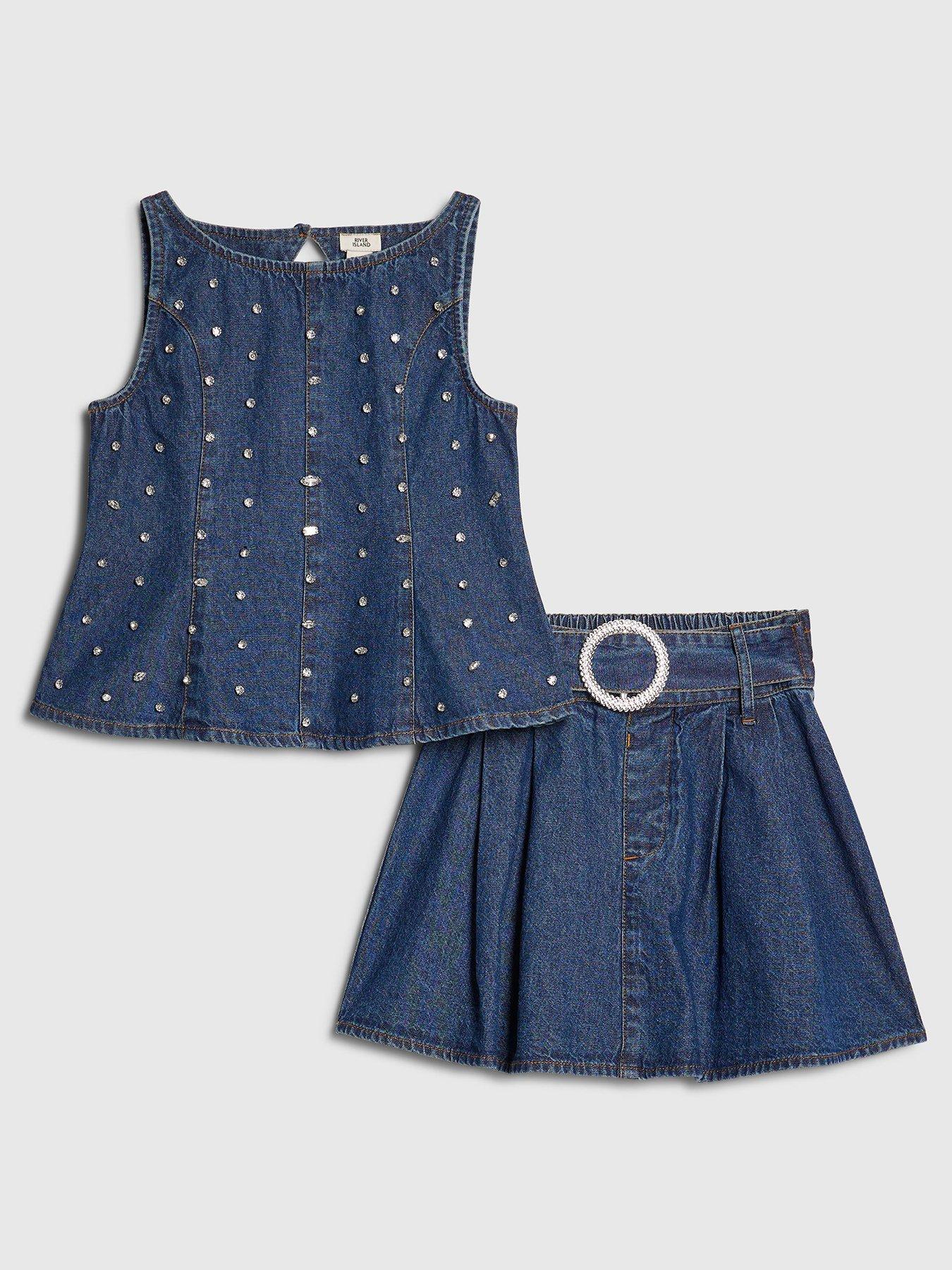 Image 1 of 5 of River Island Older Girls Denim Embellished Peplum Skirt Set - Blue