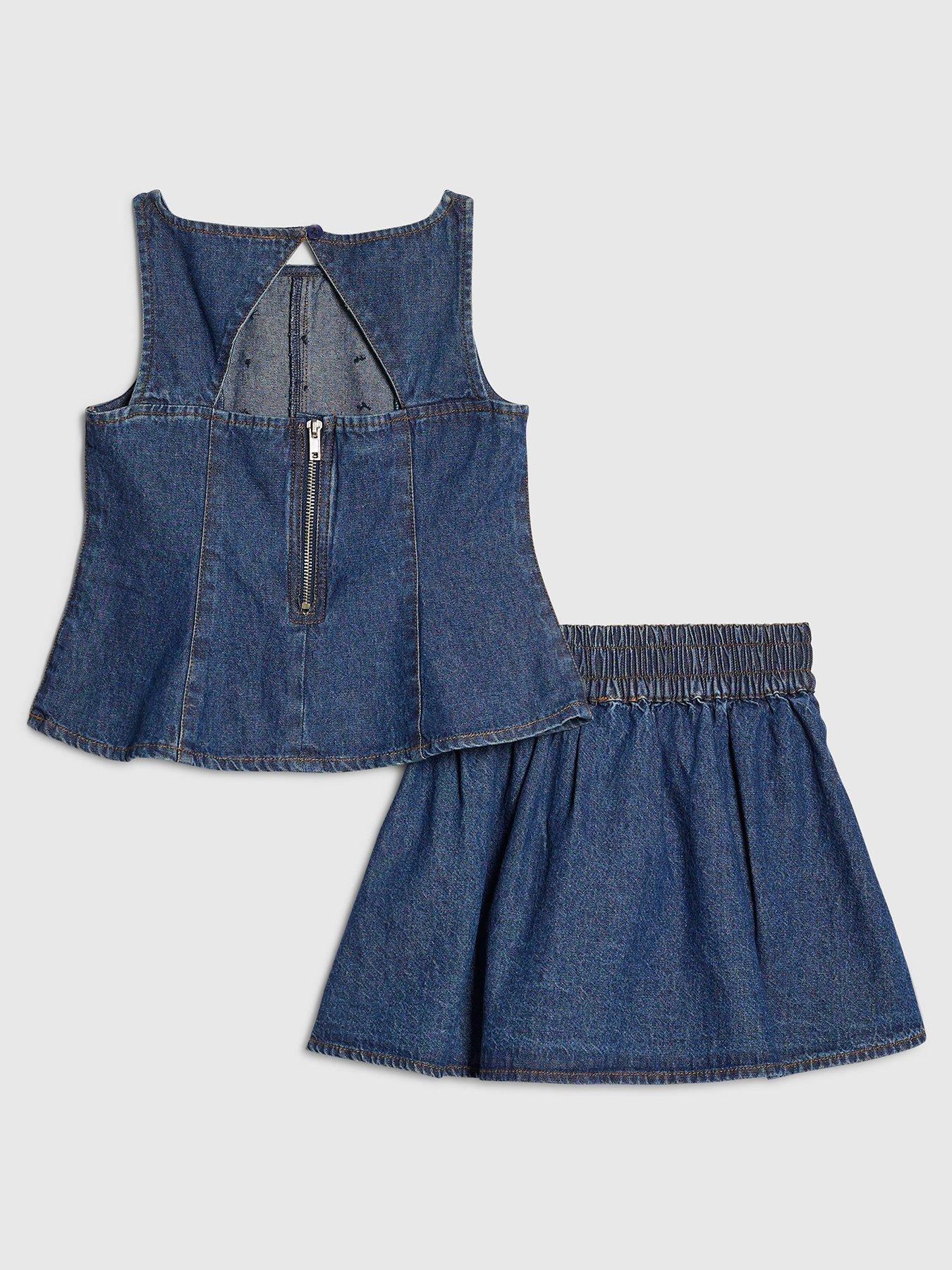 Image 2 of 5 of River Island Older Girls Denim Embellished Peplum Skirt Set - Blue