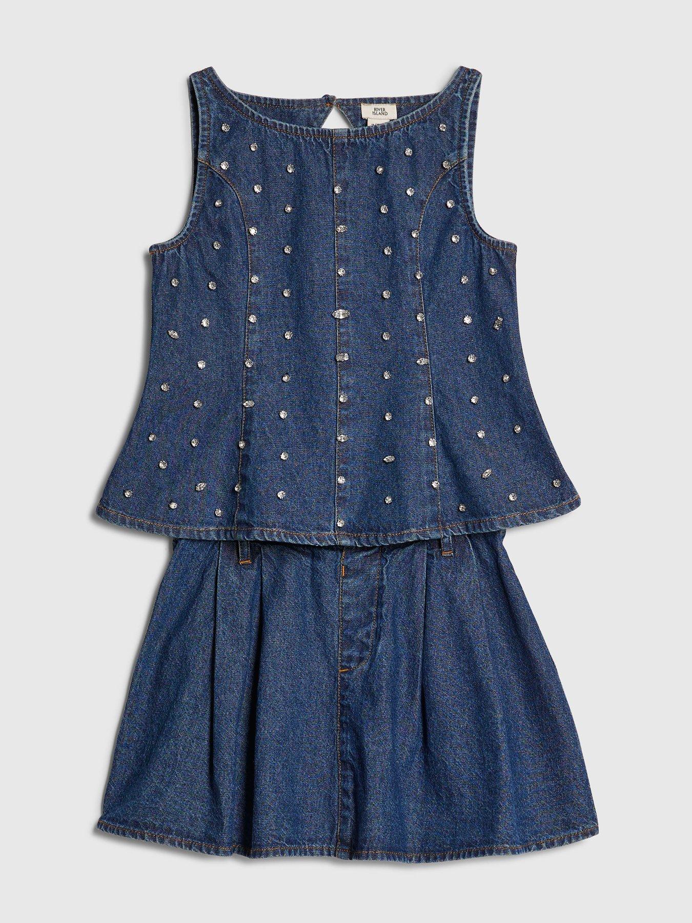Image 3 of 5 of River Island Older Girls Denim Embellished Peplum Skirt Set - Blue