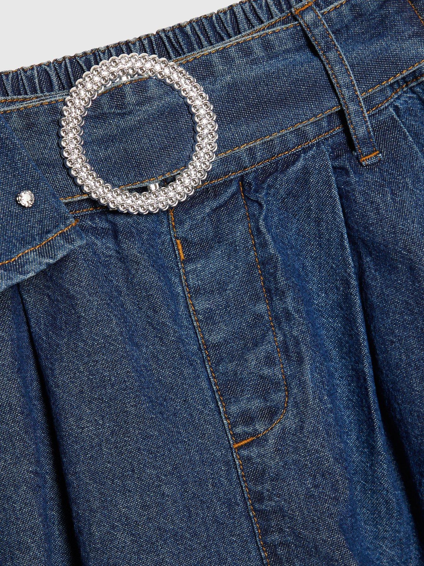 Image 4 of 5 of River Island Older Girls Denim Embellished Peplum Skirt Set - Blue