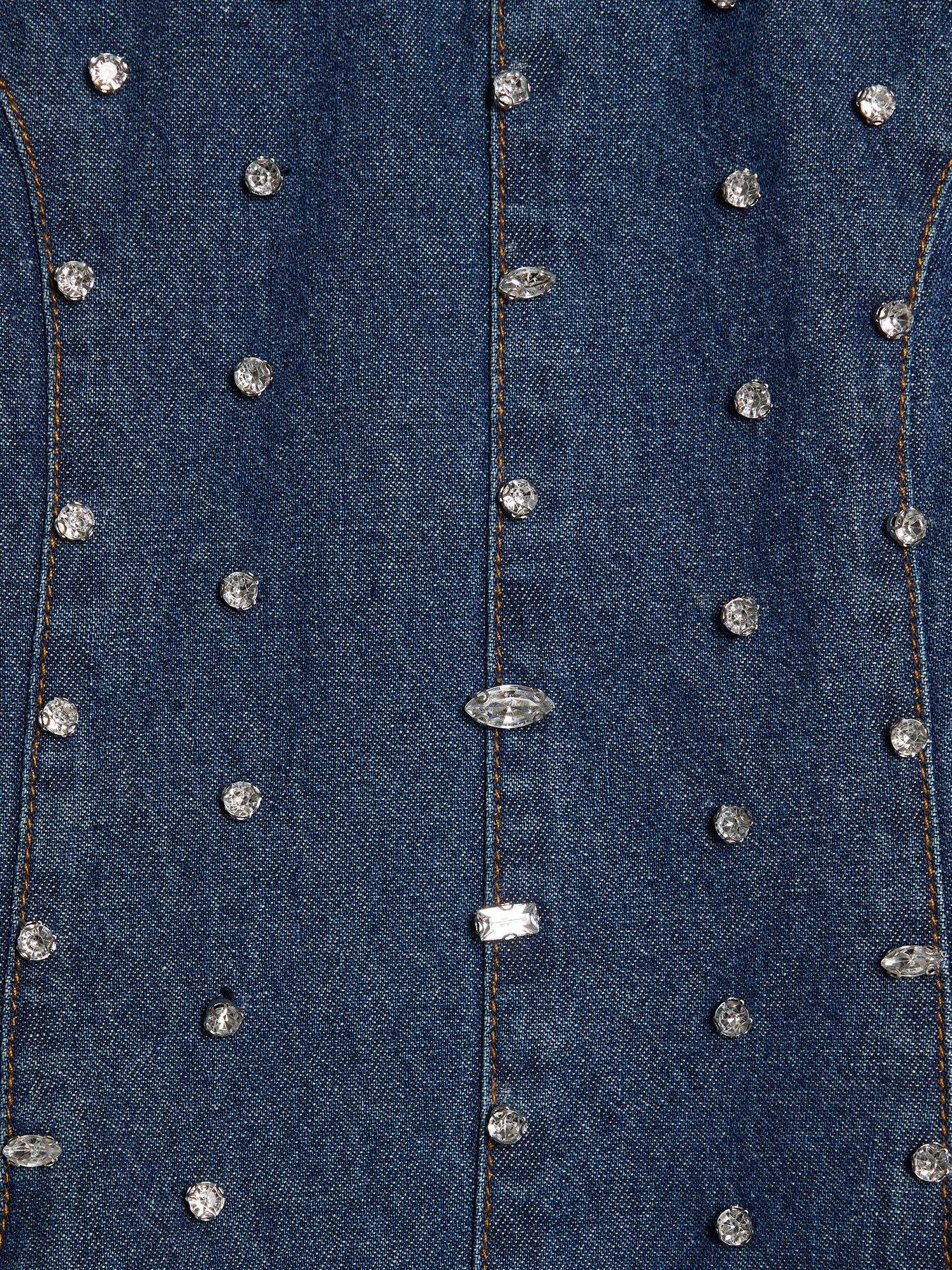 Image 5 of 5 of River Island Older Girls Denim Embellished Peplum Skirt Set - Blue