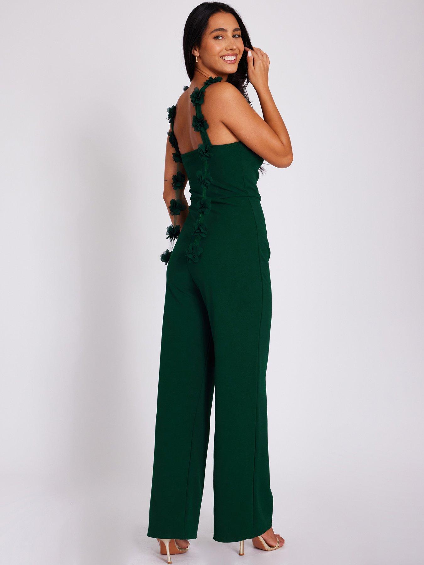 Image 2 of 6 of Quiz Bottle Green Floral Strap Jumpsuit