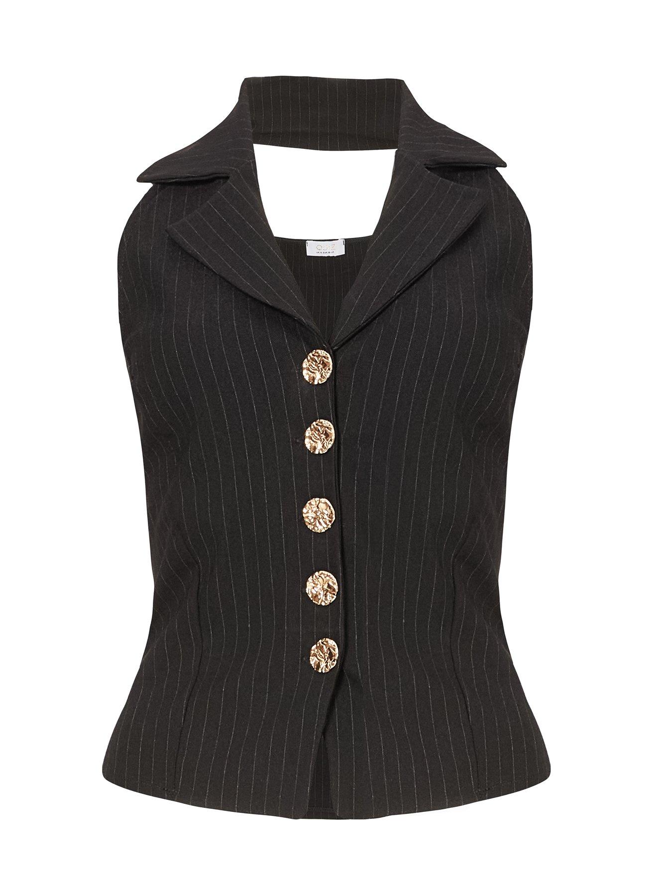 Image 4 of 6 of Quiz Black Pinstripe Cropped Waistcoat