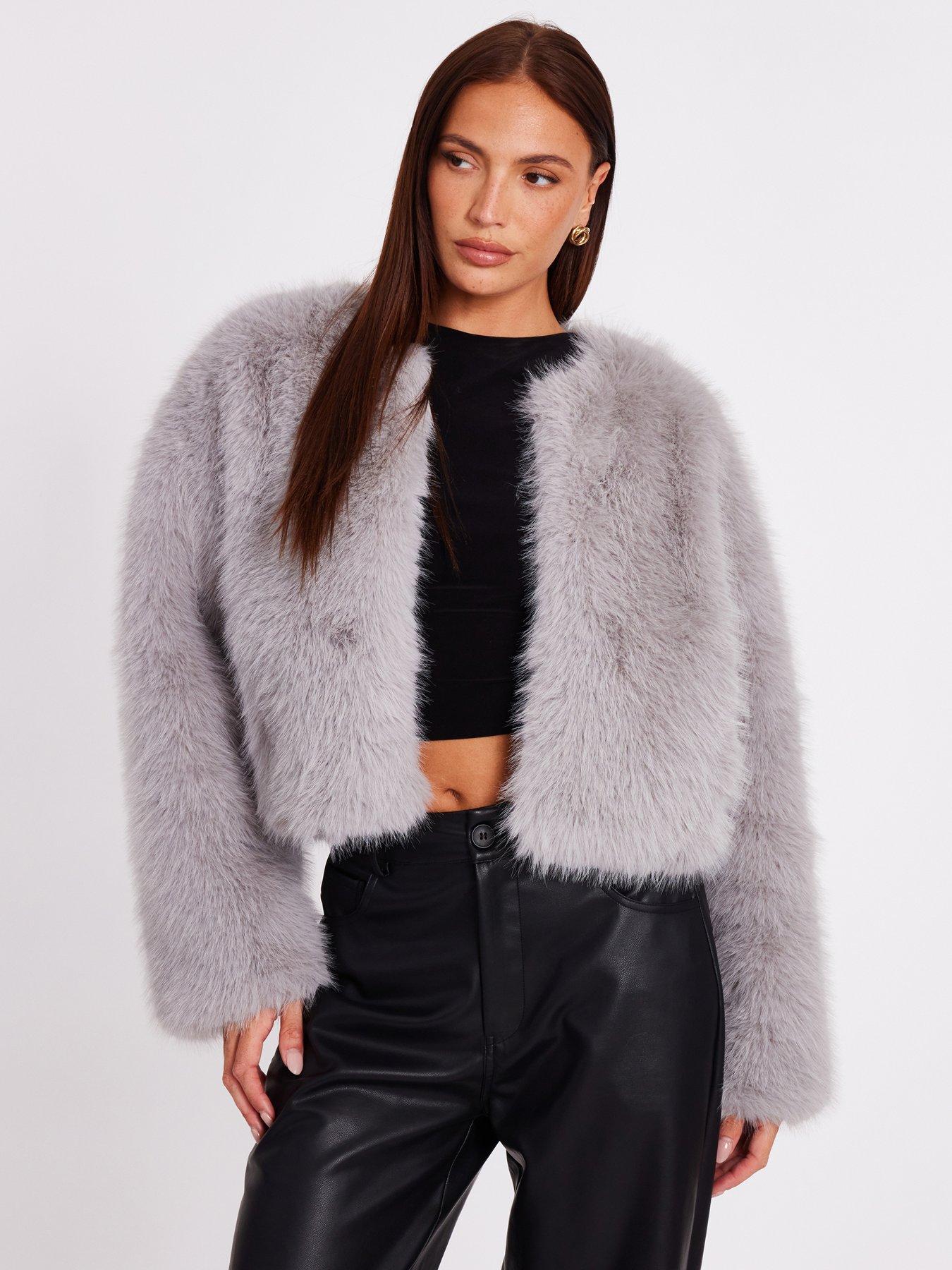 Quiz Grey Collarless Faux Fur Jacket