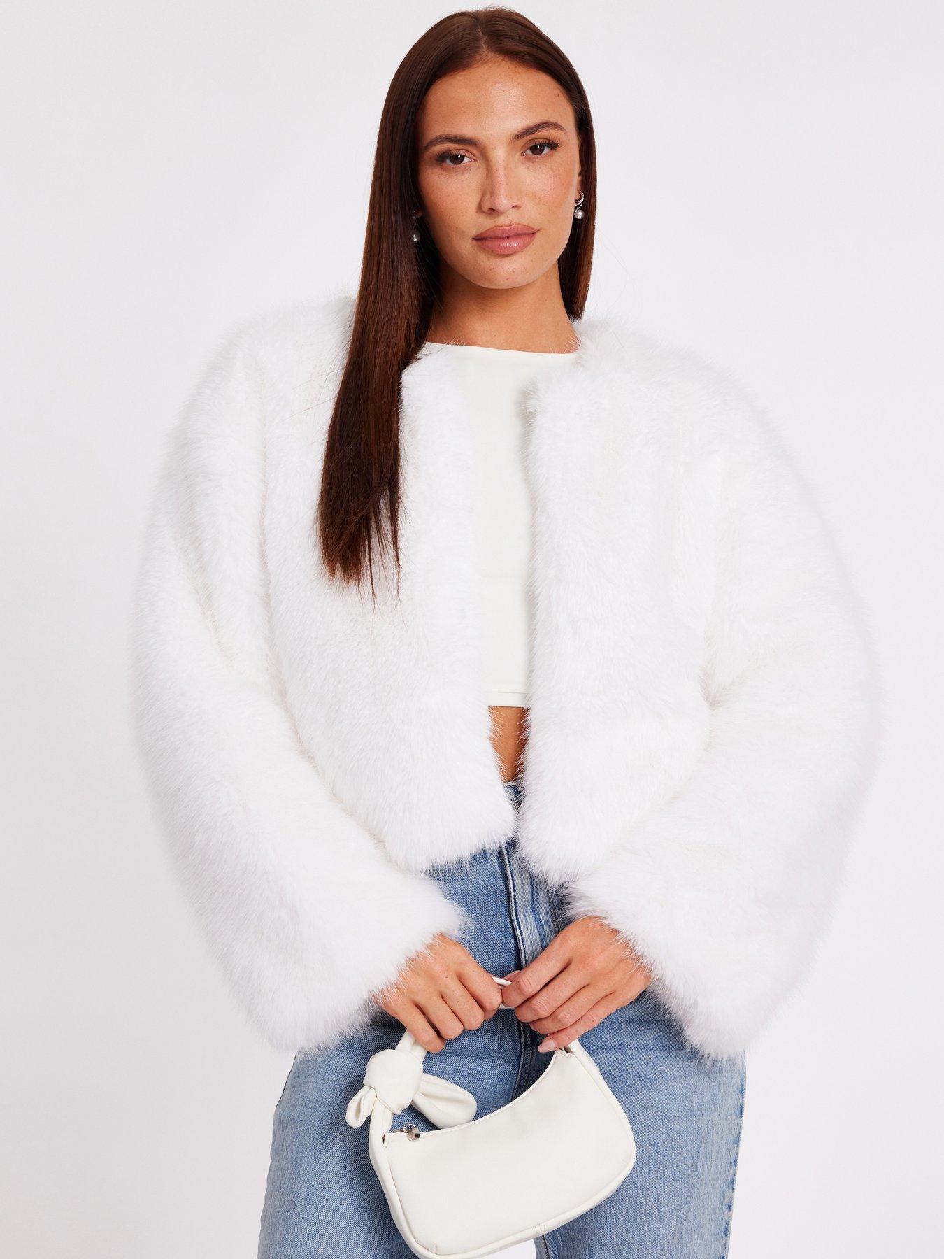 Quiz White Collarless Faux Fur Jacket