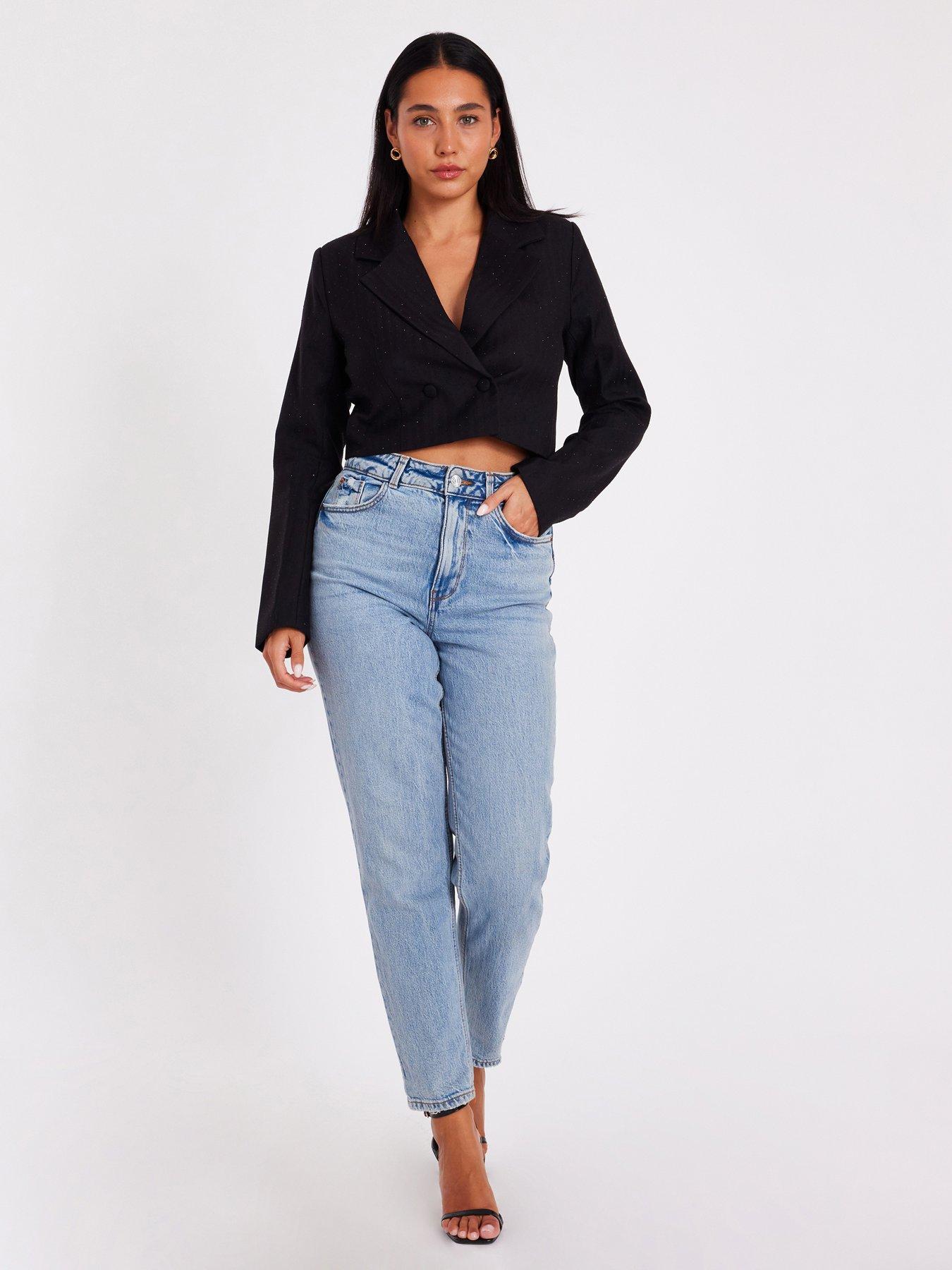Image 1 of 6 of Quiz Black Woven Diamante Cropped Blazer
