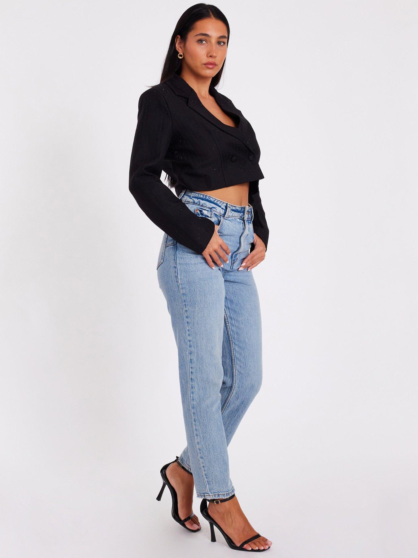 Image 3 of 6 of Quiz Black Woven Diamante Cropped Blazer