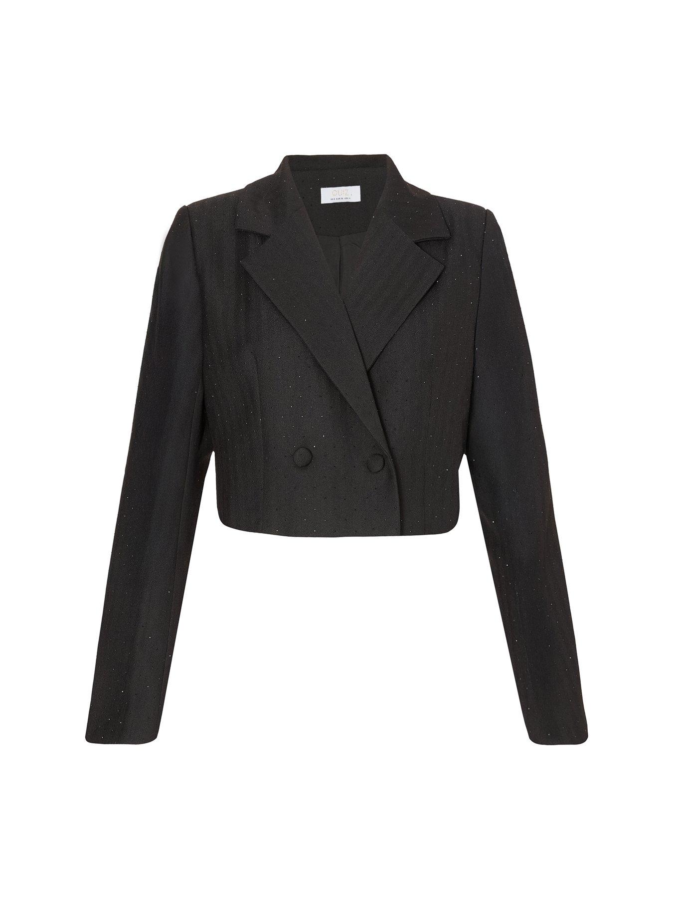 Image 4 of 6 of Quiz Black Woven Diamante Cropped Blazer