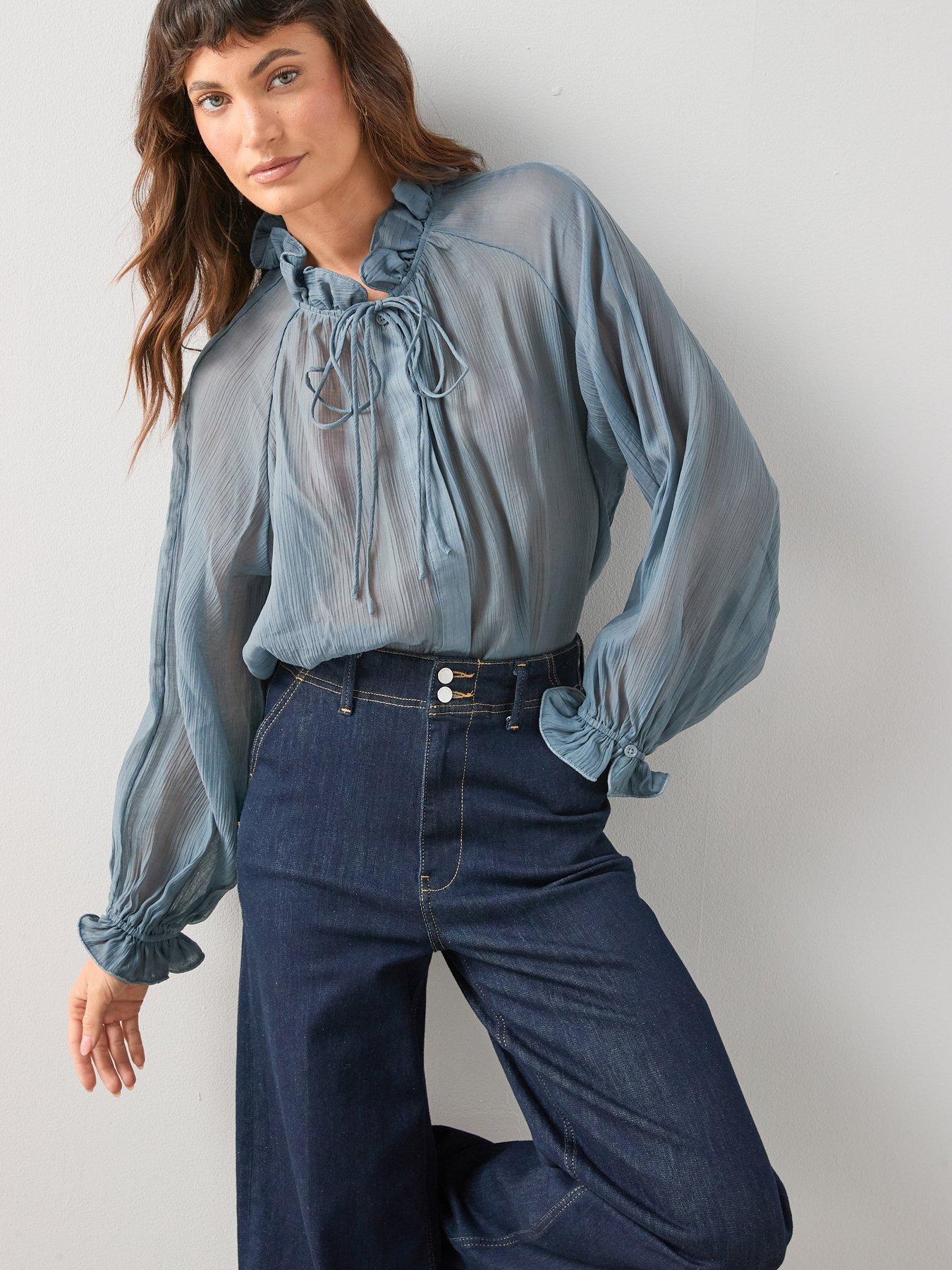 The Very Collection Poet Frill High Neck Blouse - Blue